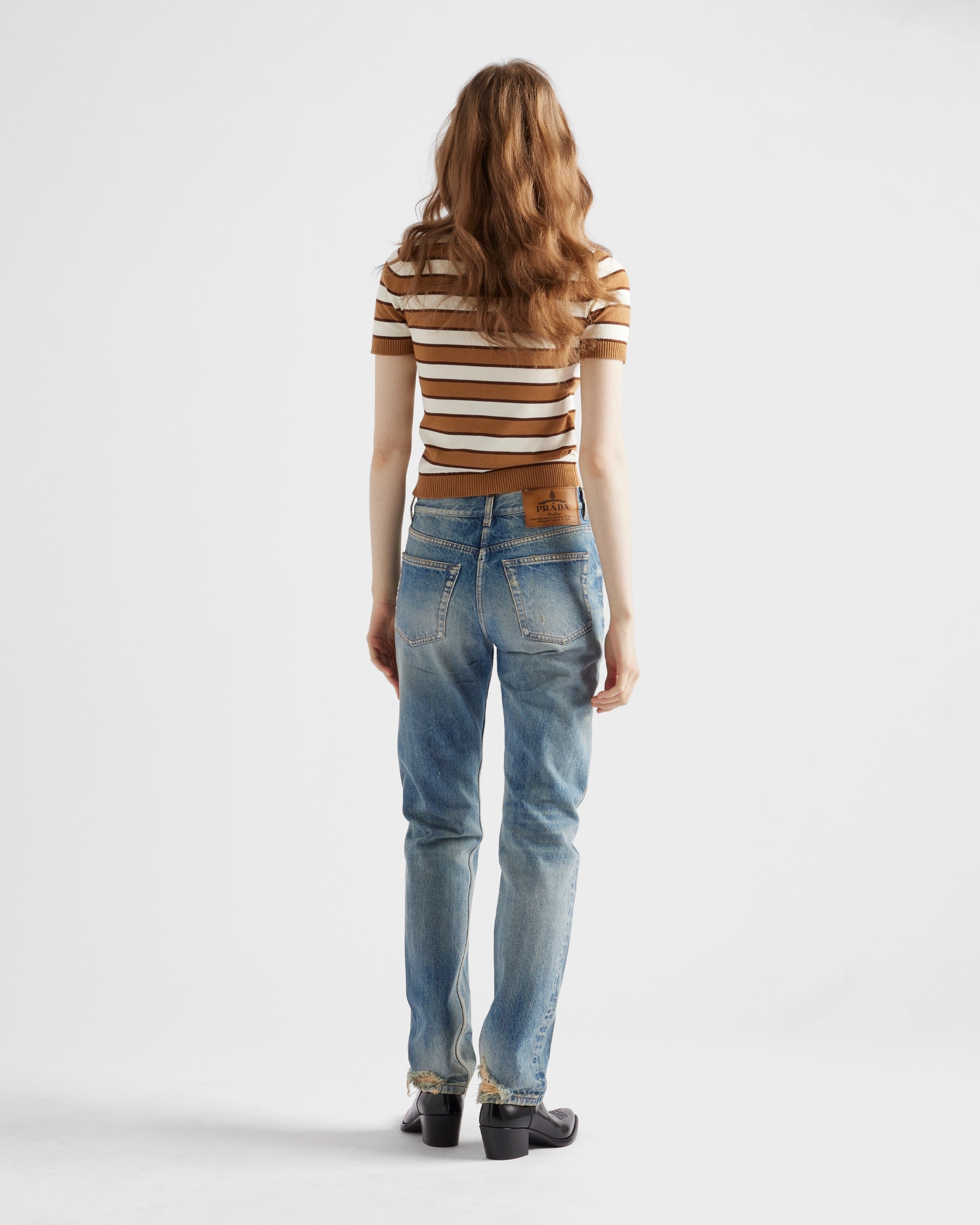 Short-sleeved striped cotton cardigan Camel/Natural