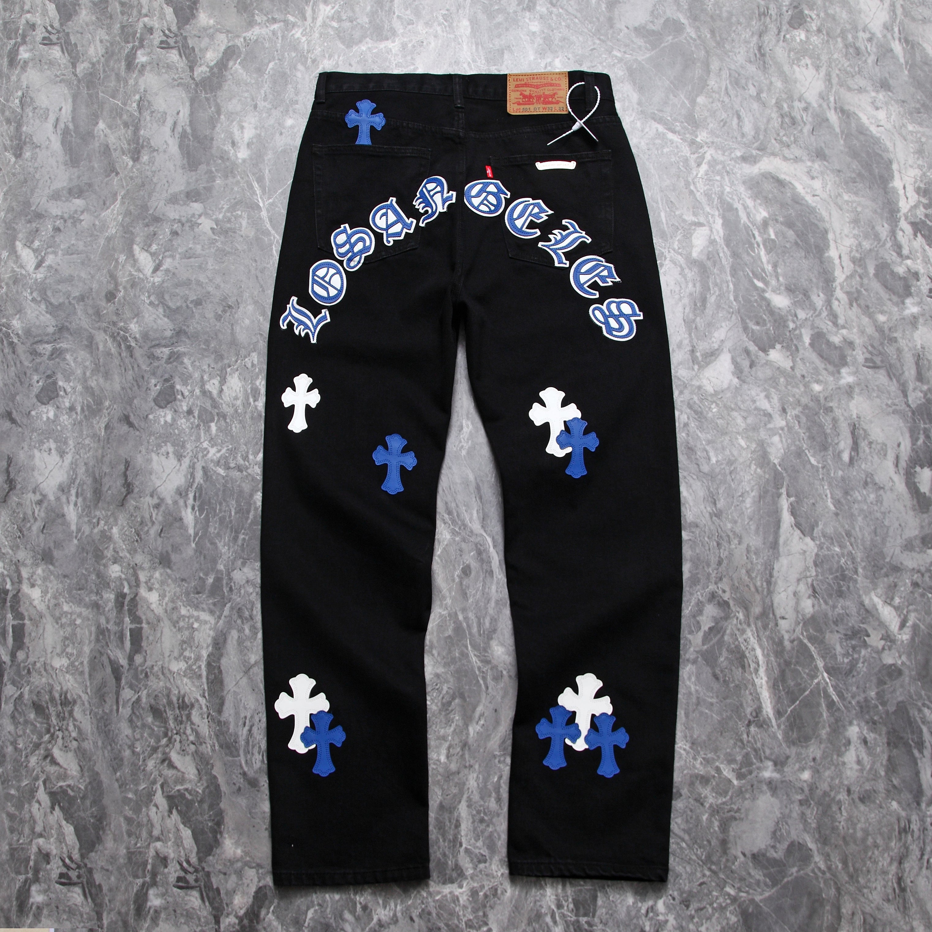 Chrome Hearts Los Angels Limted Edition Blue White Cross Leather Patchwork Black Jeans