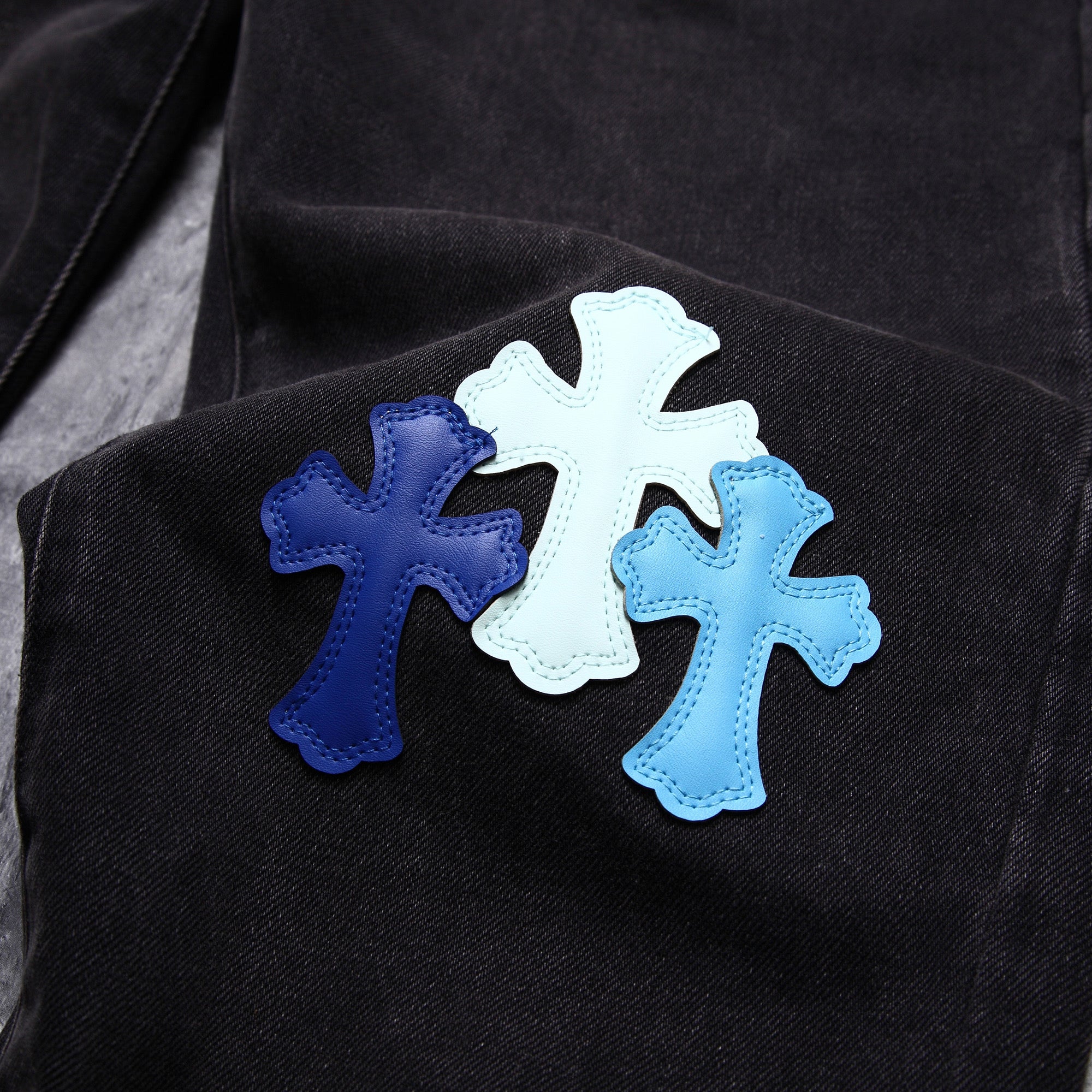 Chrome Hearts Blue Cross Leather Patchwork Black Jeans