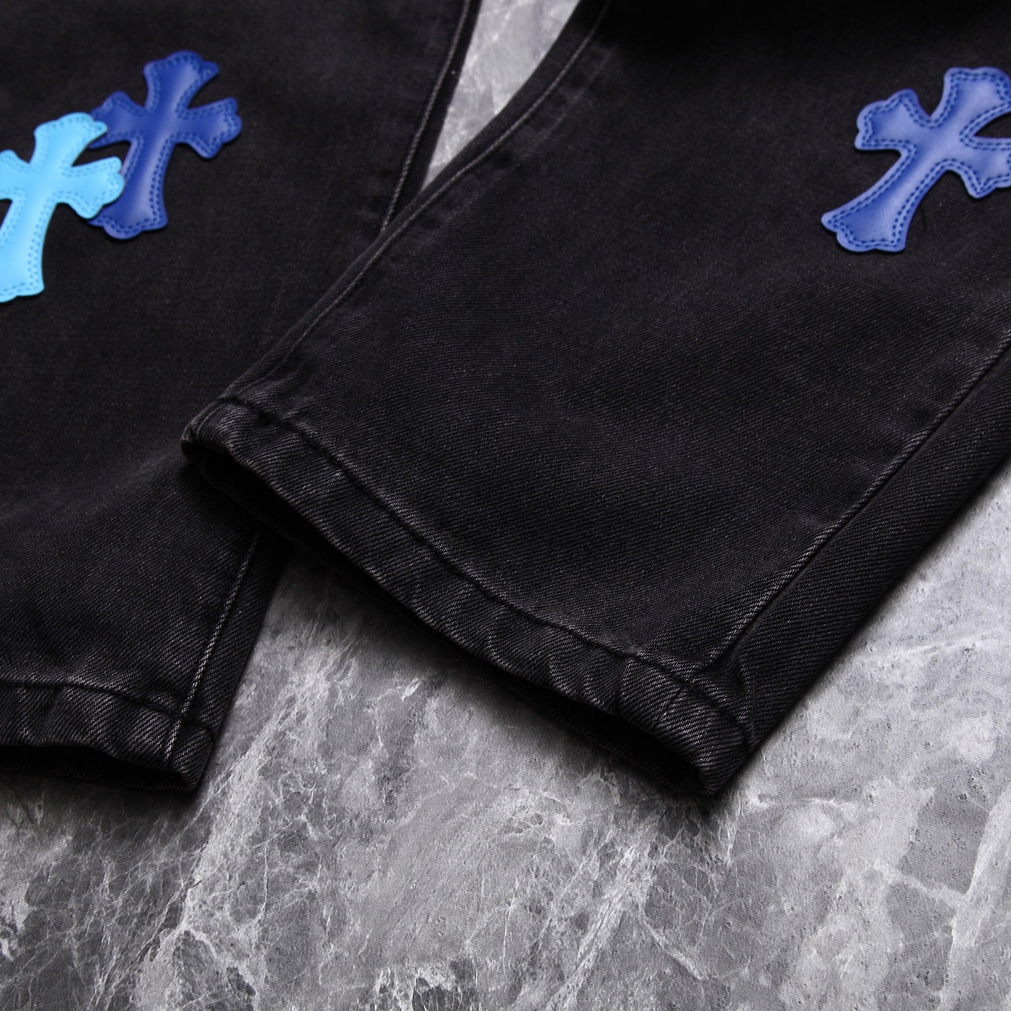 Chrome Hearts Blue Cross Leather Patchwork Black Jeans