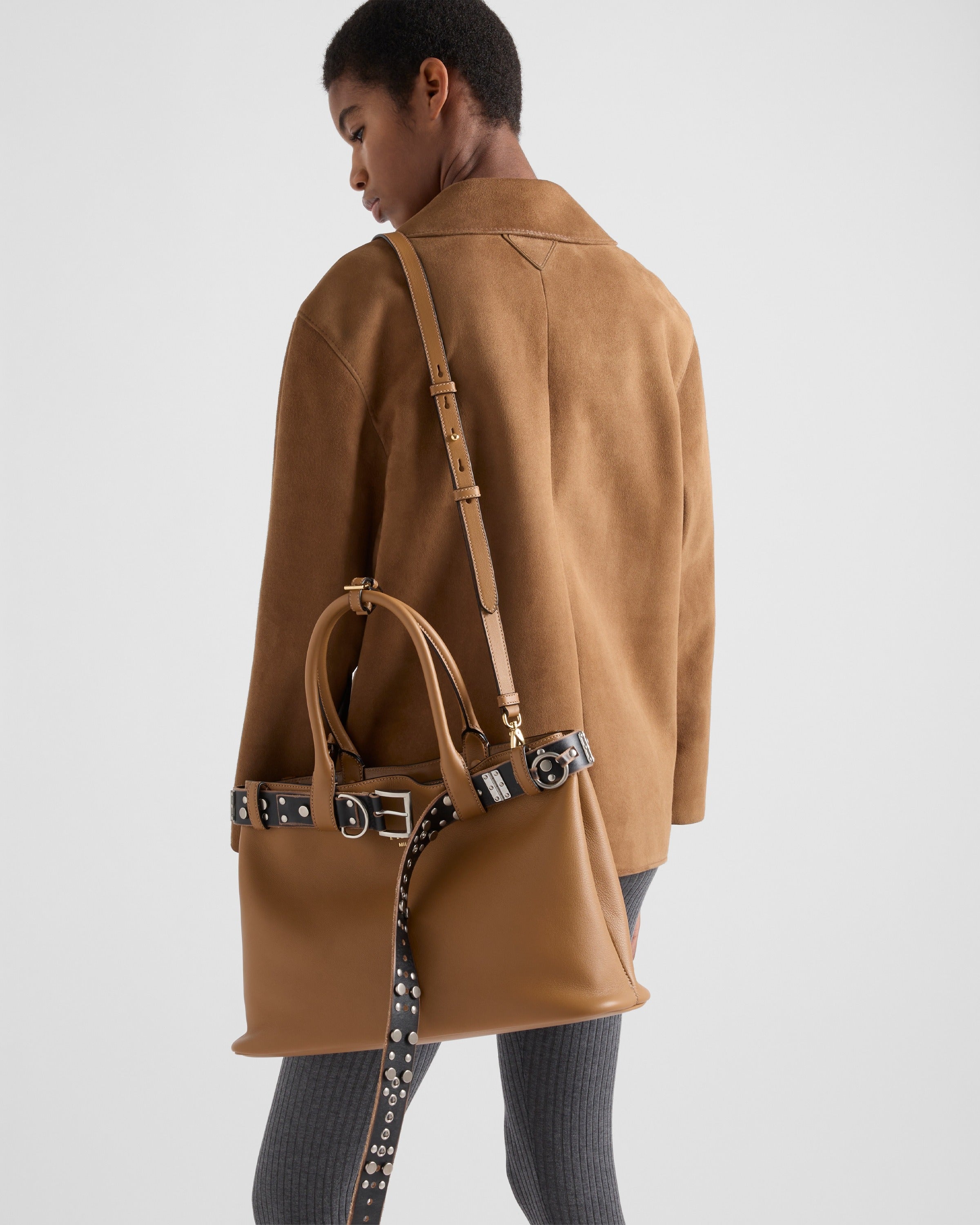 Large Prada Buckle leather bag with studded belt Caramel/Black