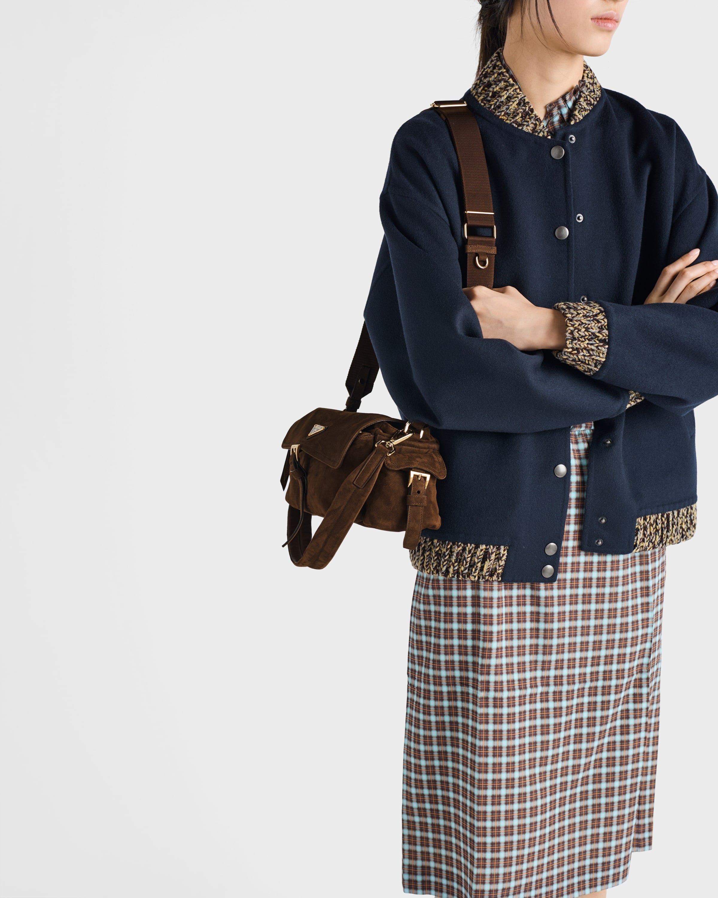 Prada Explore medium suede shoulder bag with flap Cocoa Brown