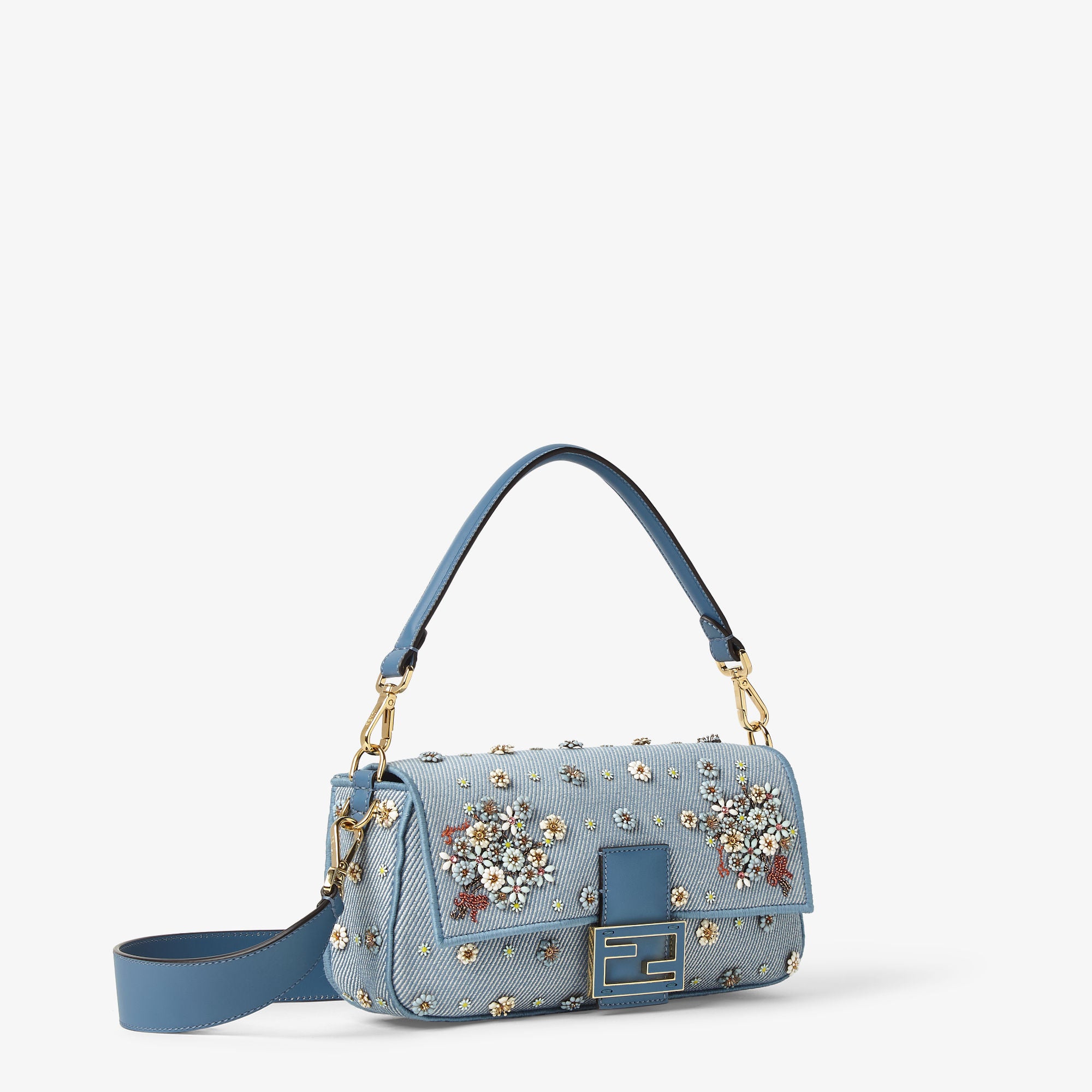 Baguette Fendi Flower Bouquet blue denim-effect jacquard bag