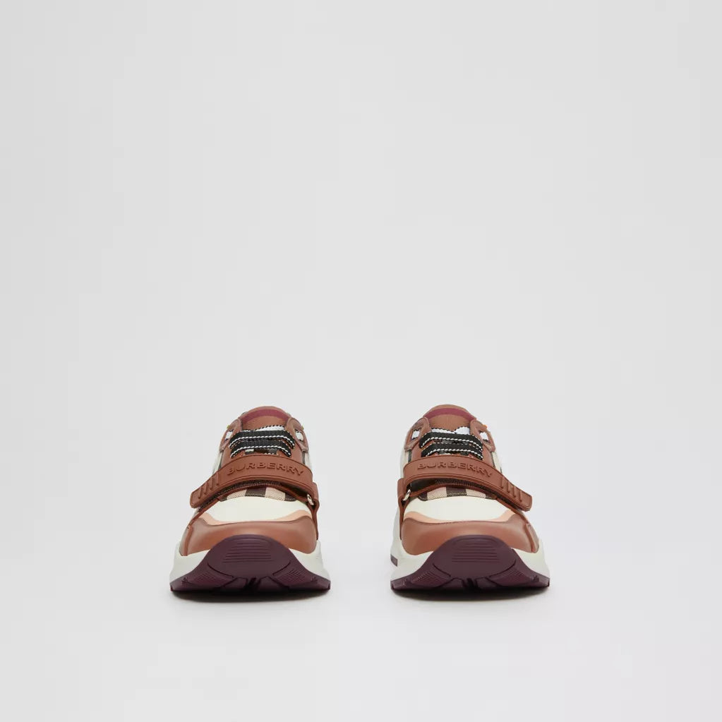 Burberry Check Cotton, Nylon and Leather Sneakers White/Birch Brown