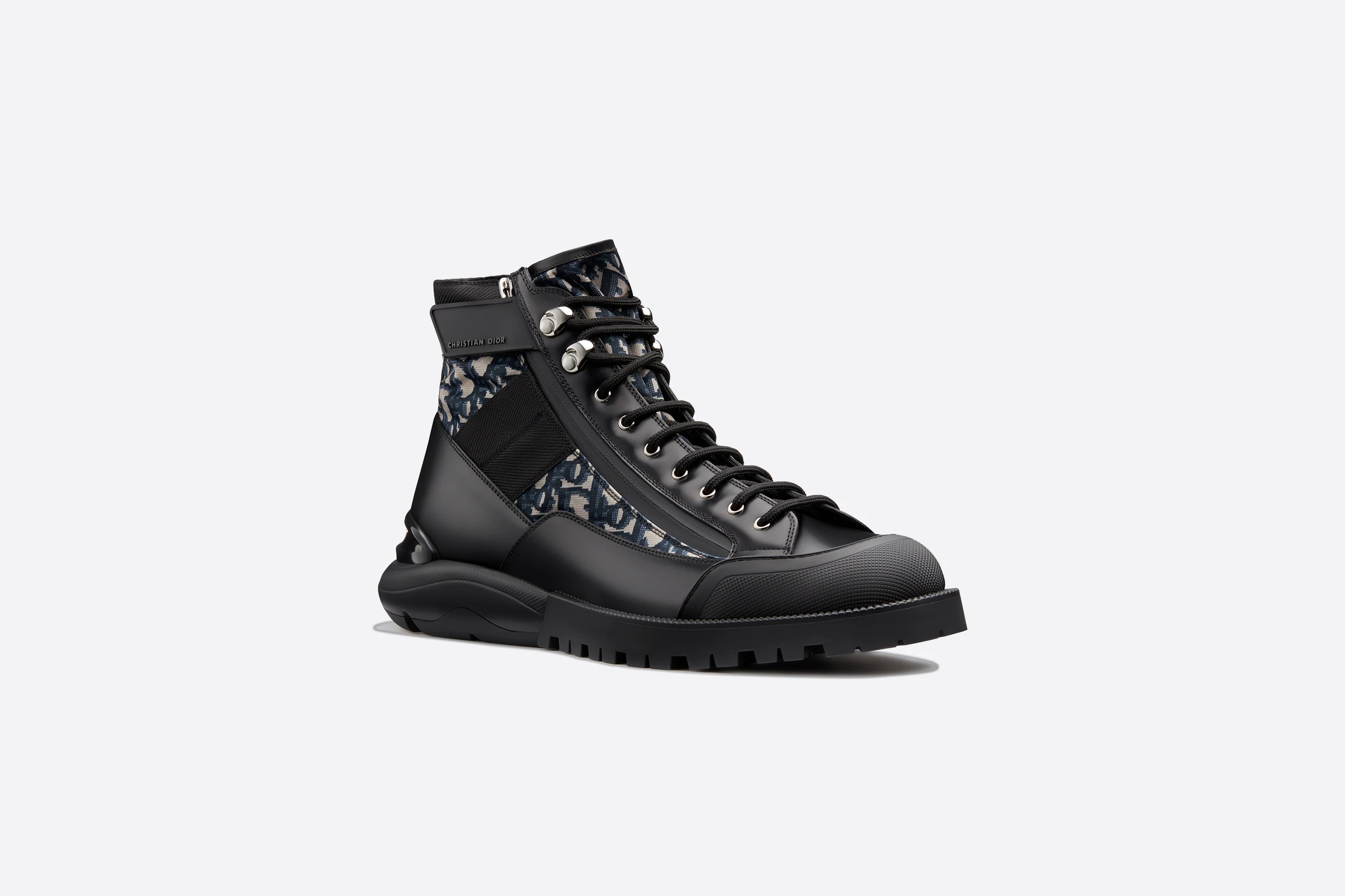 Dior COMBAT BOOT Black Smooth Calfskin with Beige and Black Dior Oblique Jacquard