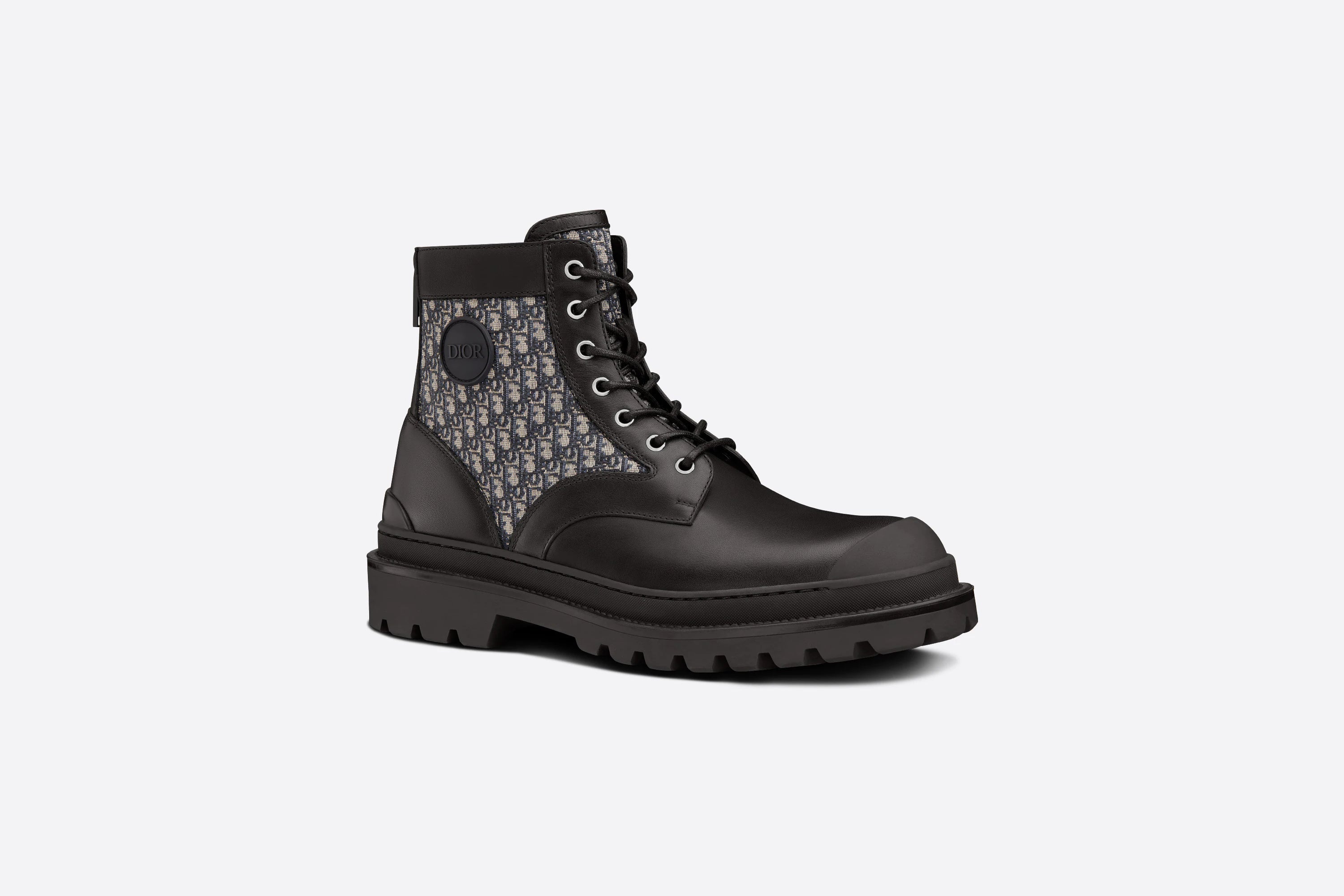 Dior DIOR EXPLORER ANKLE BOOT Black Smooth Calfskin and Beige and Black Dior Oblique Jacquard