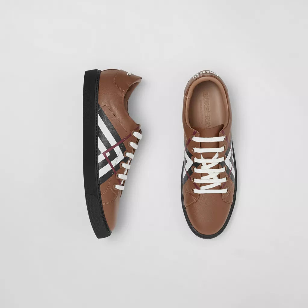 Burberry Chevron Check Leather Sneakers Birch Brown