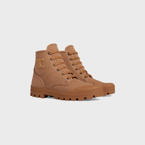 Celine Patapans Lace up Boot With Triomphe Patch in Canvas Tan