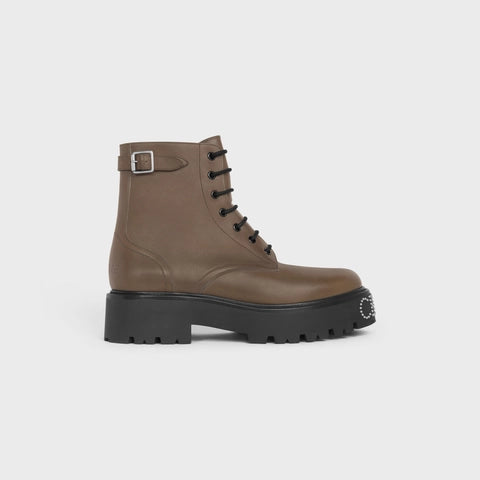 Celine Celine Bulky Lace-Up Boot With Studded Outsole In Shiny Bull Khaki