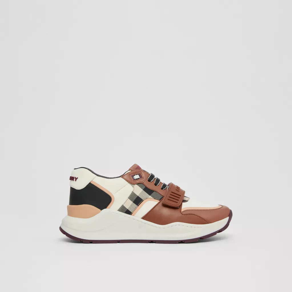 Burberry Check Cotton, Nylon and Leather Sneakers White/Birch Brown