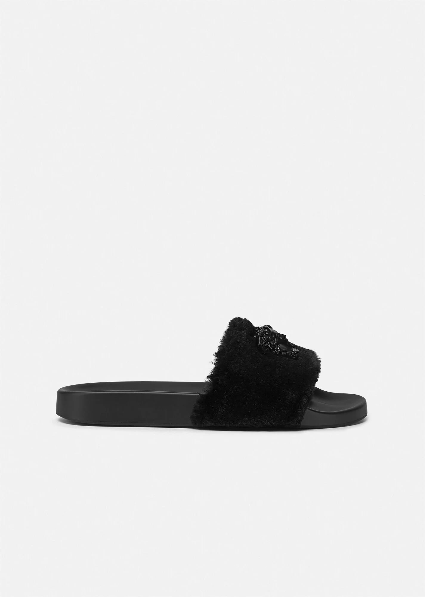Versace LA MEDUSA FAUX FUR SLIDERS BLACK