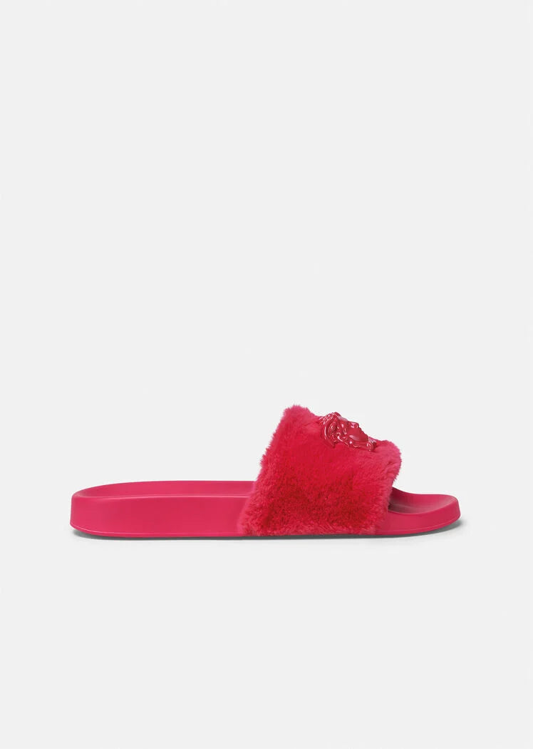 Versace LA MEDUSA FAUX FUR SLIDERS FUCHSIA
