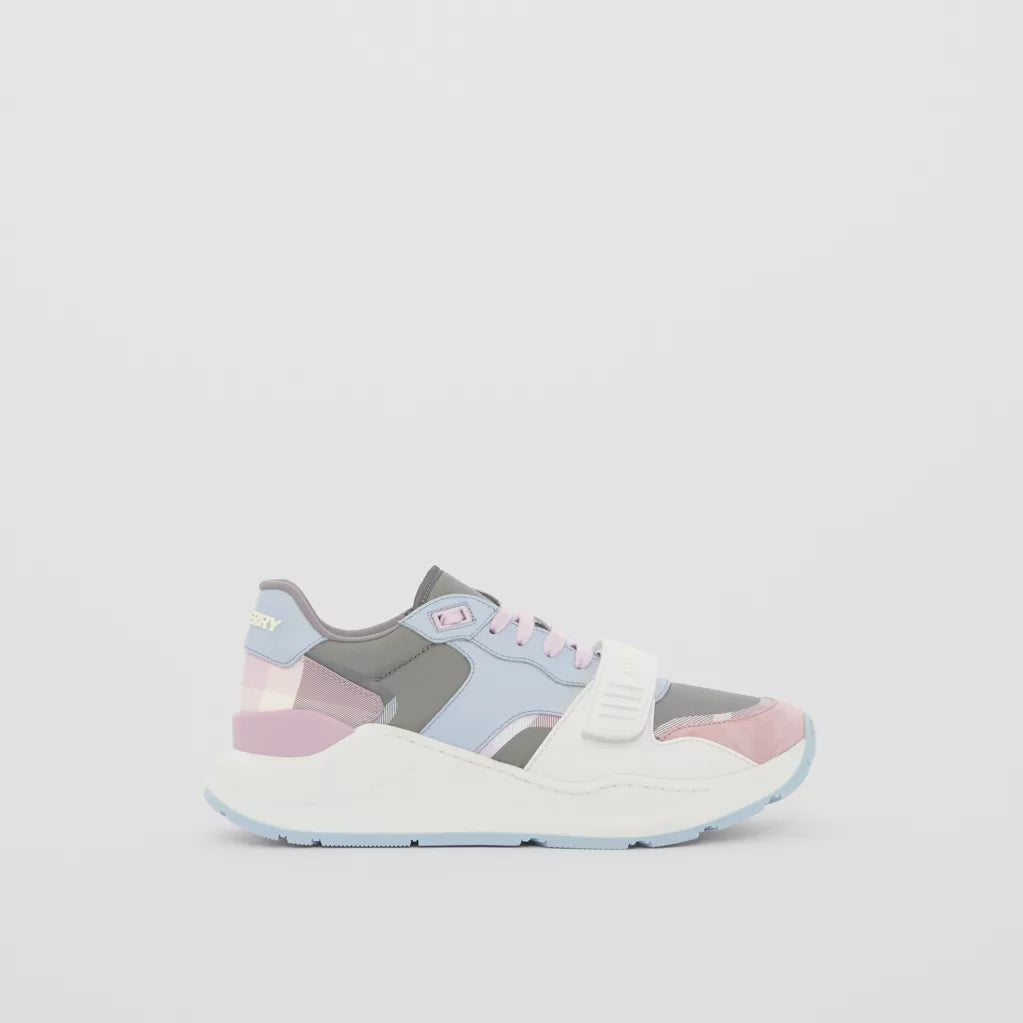 Burberry Leather, Suede and Check Nylon Sneakers Pale Grey