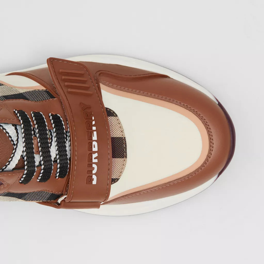 Burberry Check Cotton, Nylon and Leather Sneakers White/Birch Brown
