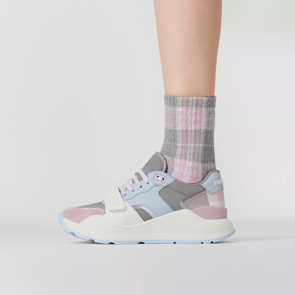 Burberry Leather, Suede and Check Nylon Sneakers Pale Grey
