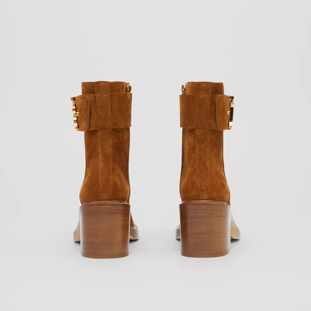Burberry Monogram Motif Suede Block-heel Boots Chocolate