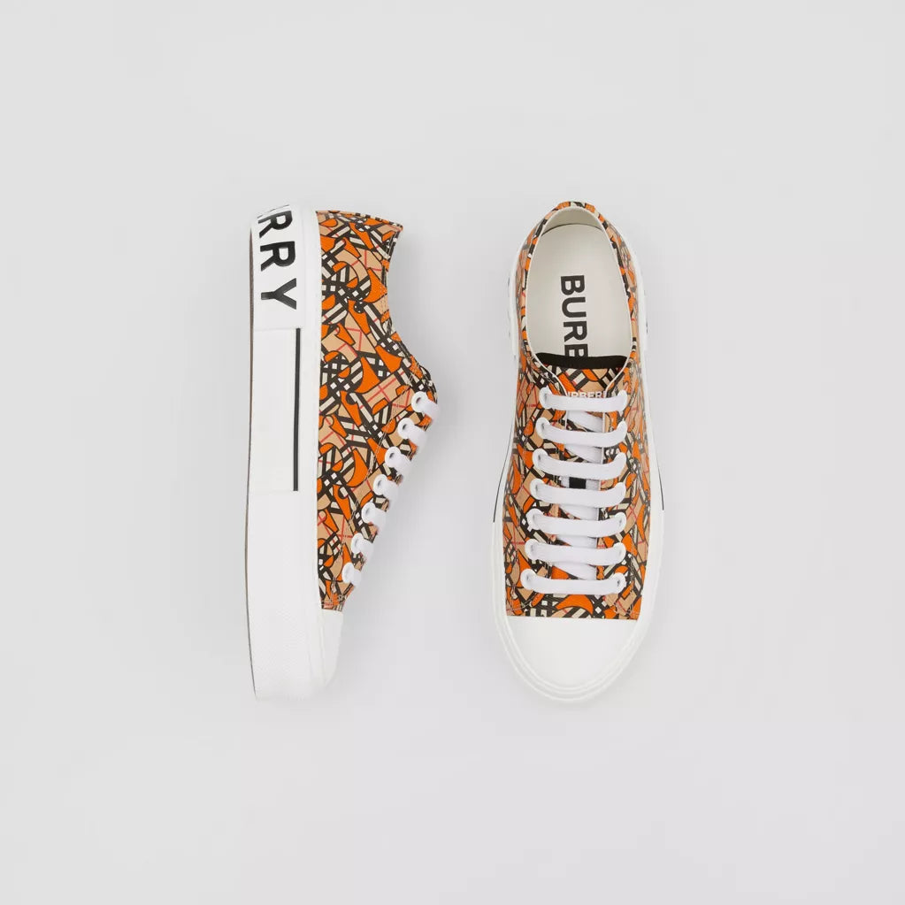 Burberry Monogram Print Linen Cotton Canvas Sneakers Bright Orange