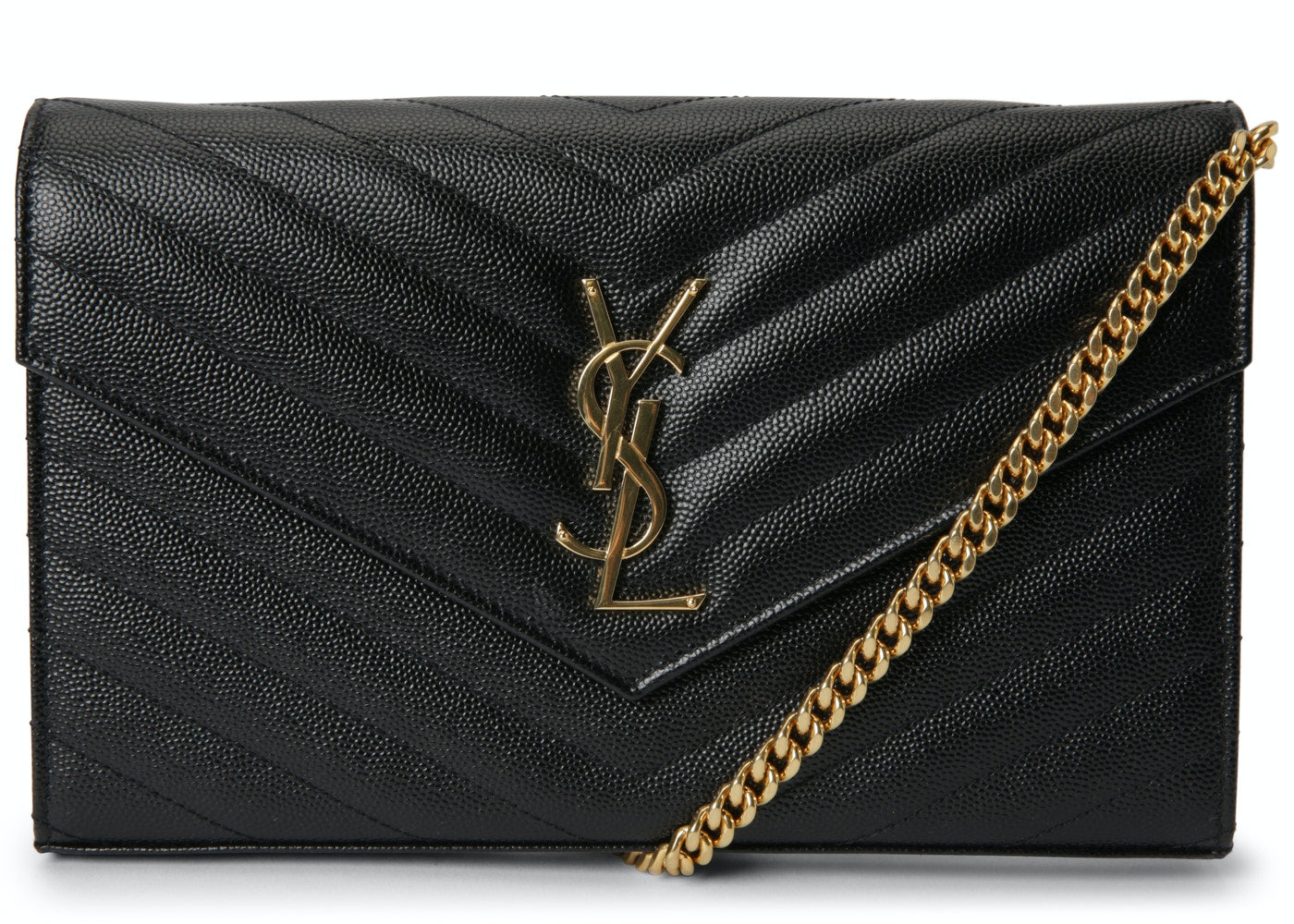 YSL Monogram Chain Wallet Matelasse Grain de Poudre Gold-tone Black