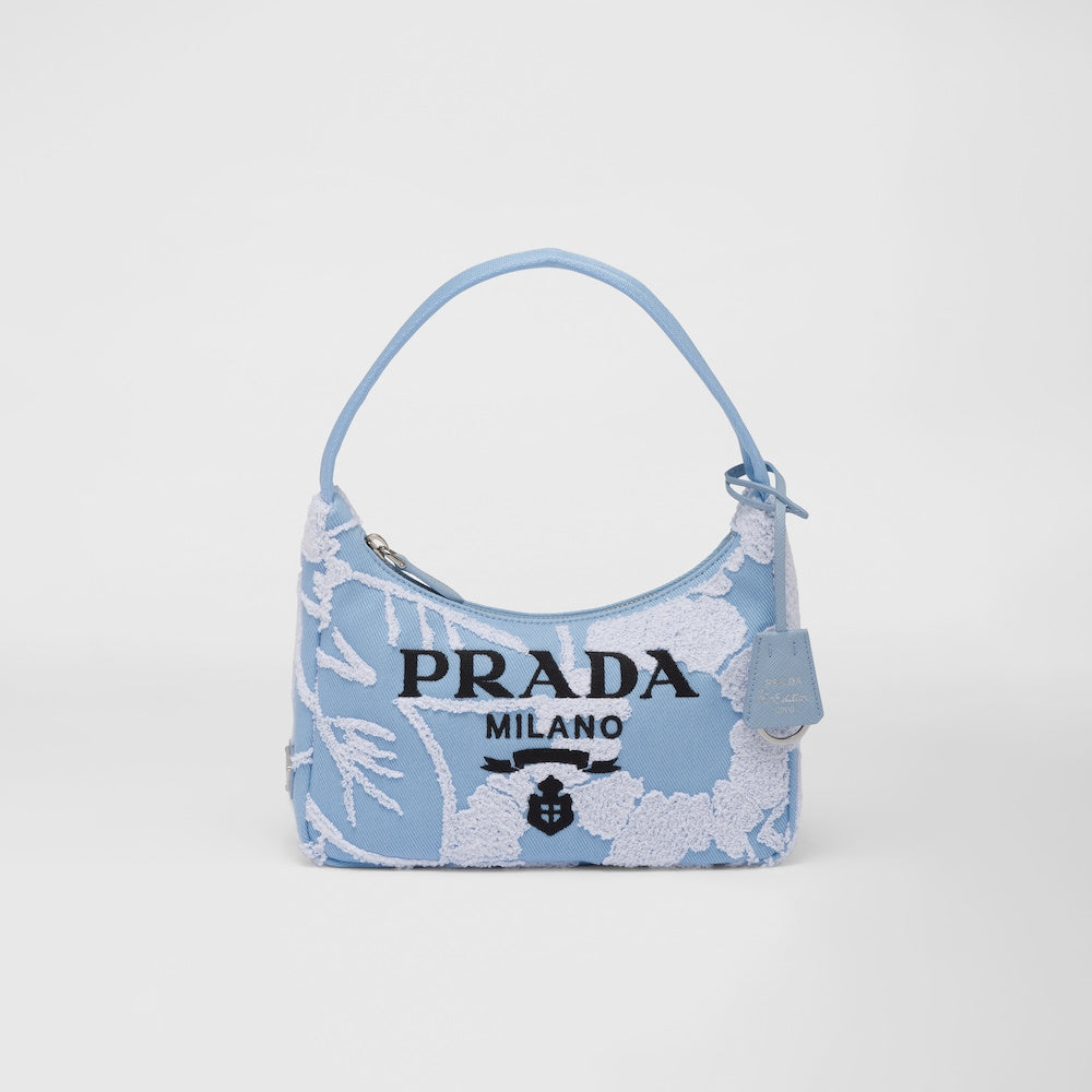 Prada Re-Edition 2000 Embroidered Drill Mini Bag Sky Blue/White