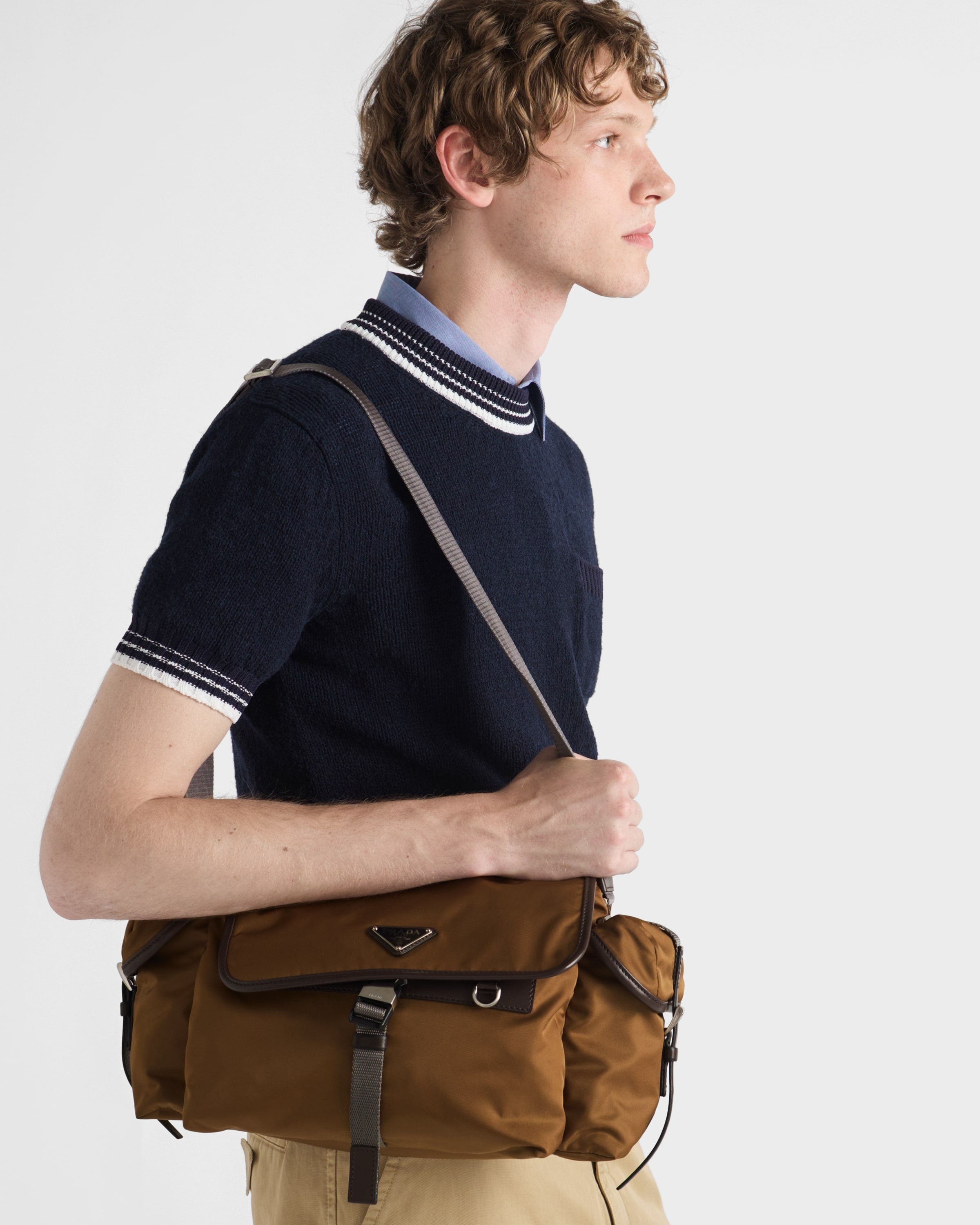 Re-Nylon and leather shoulder bag Brandy