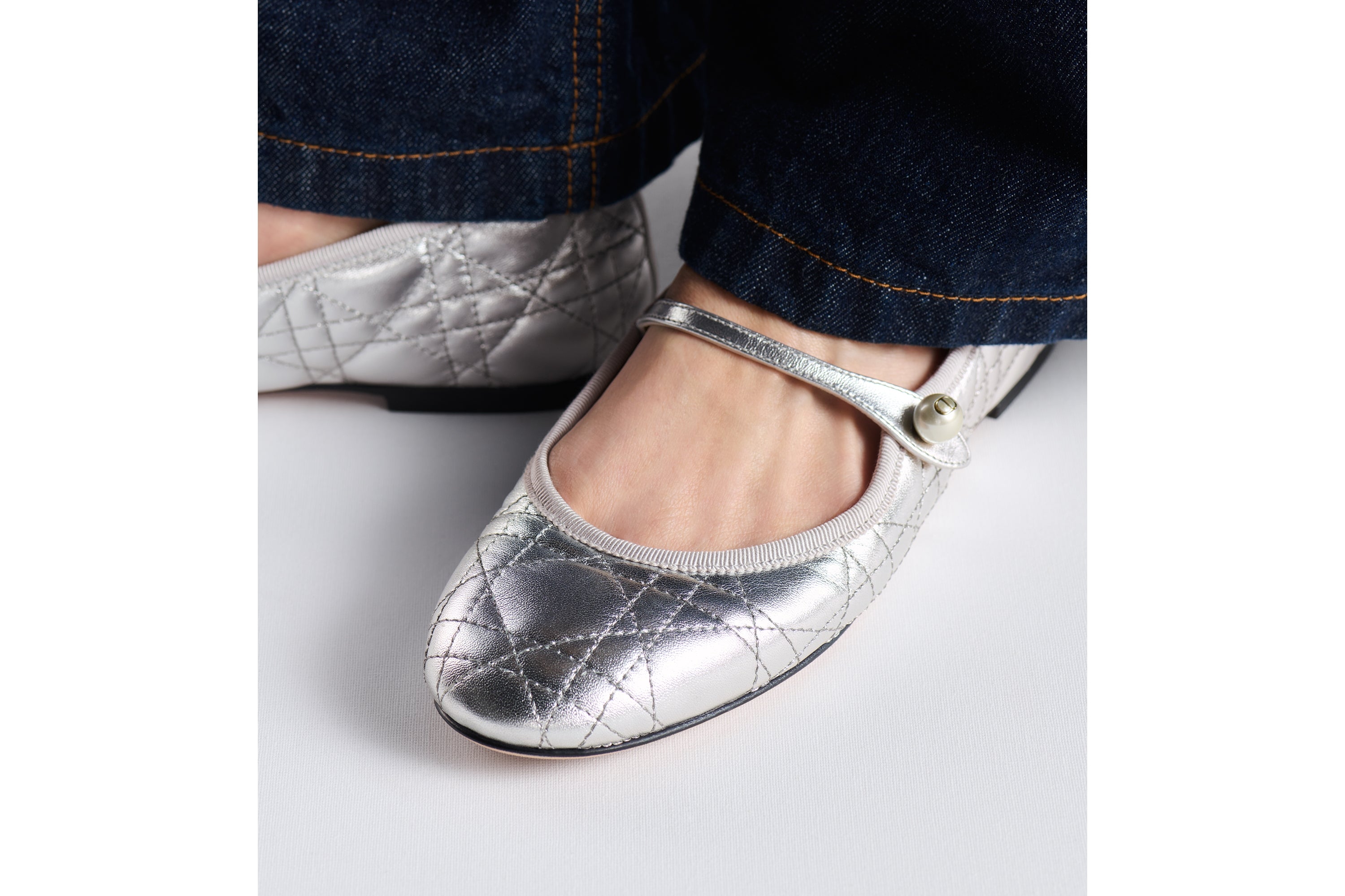 Dior Ballet Flat - Silver-Tone Laminated Lambskin with Quilted Cannage Motif