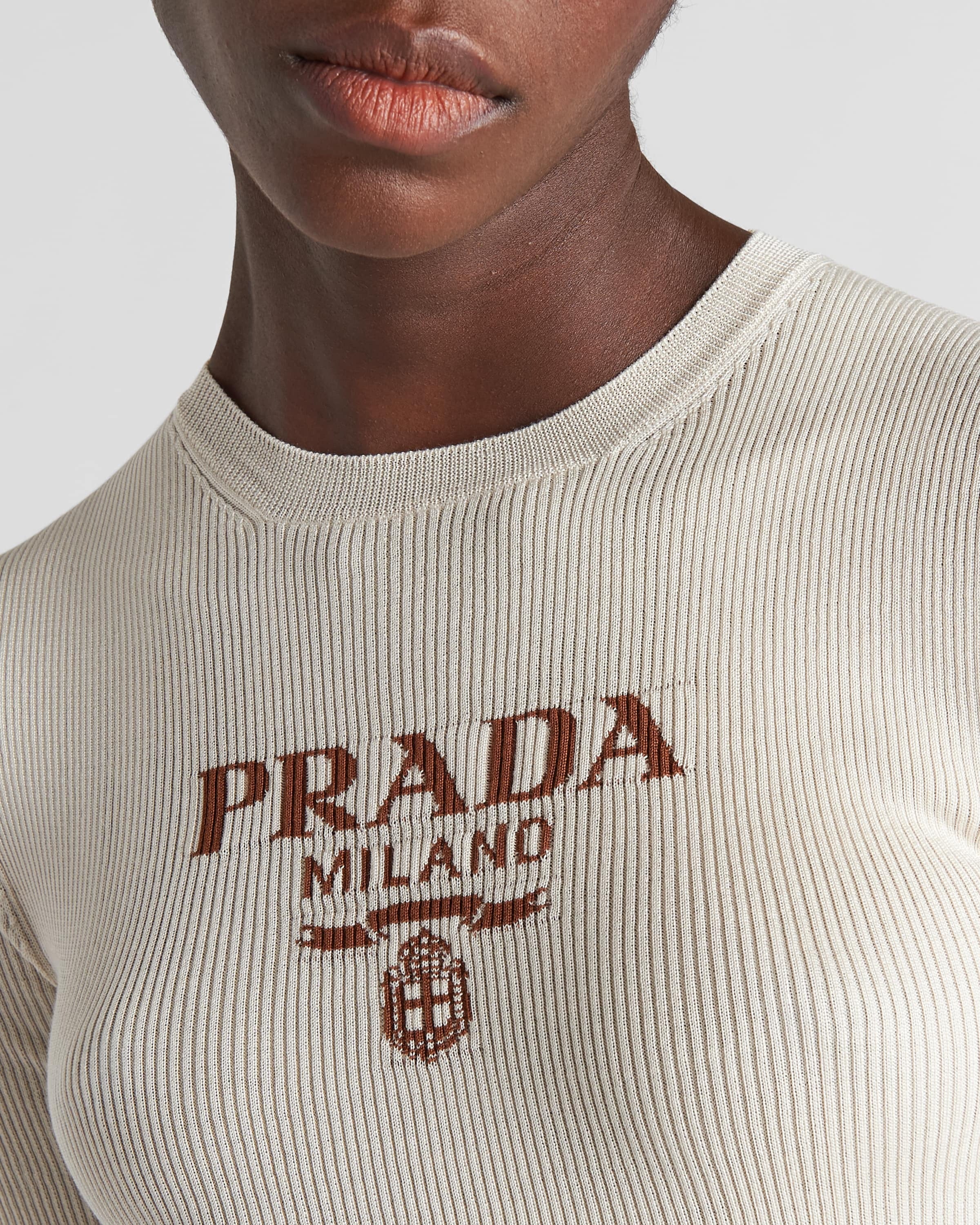 Silk crew-neck sweater with logo Ivory