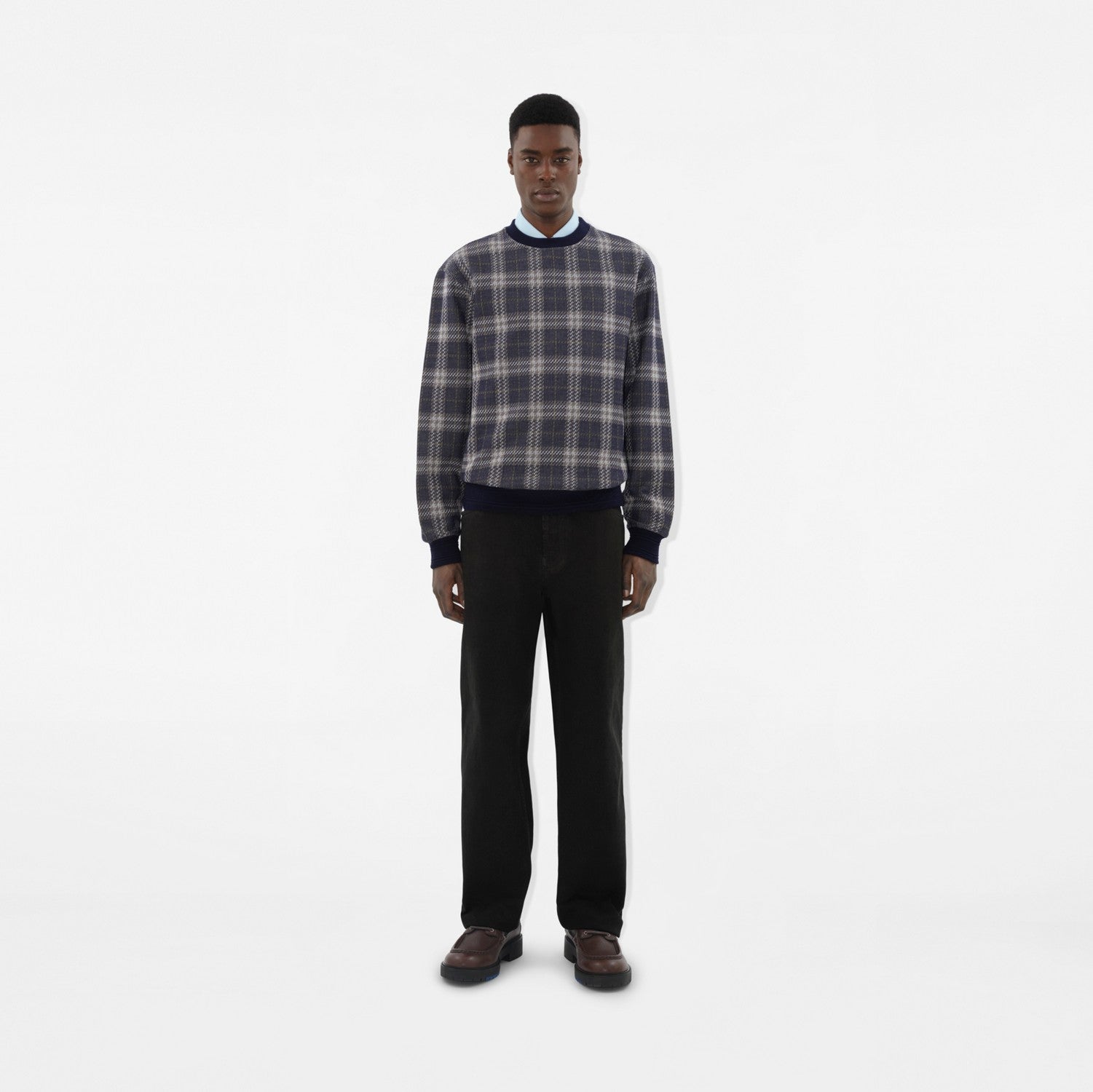 Check Cotton Blend Sweater - Indigo