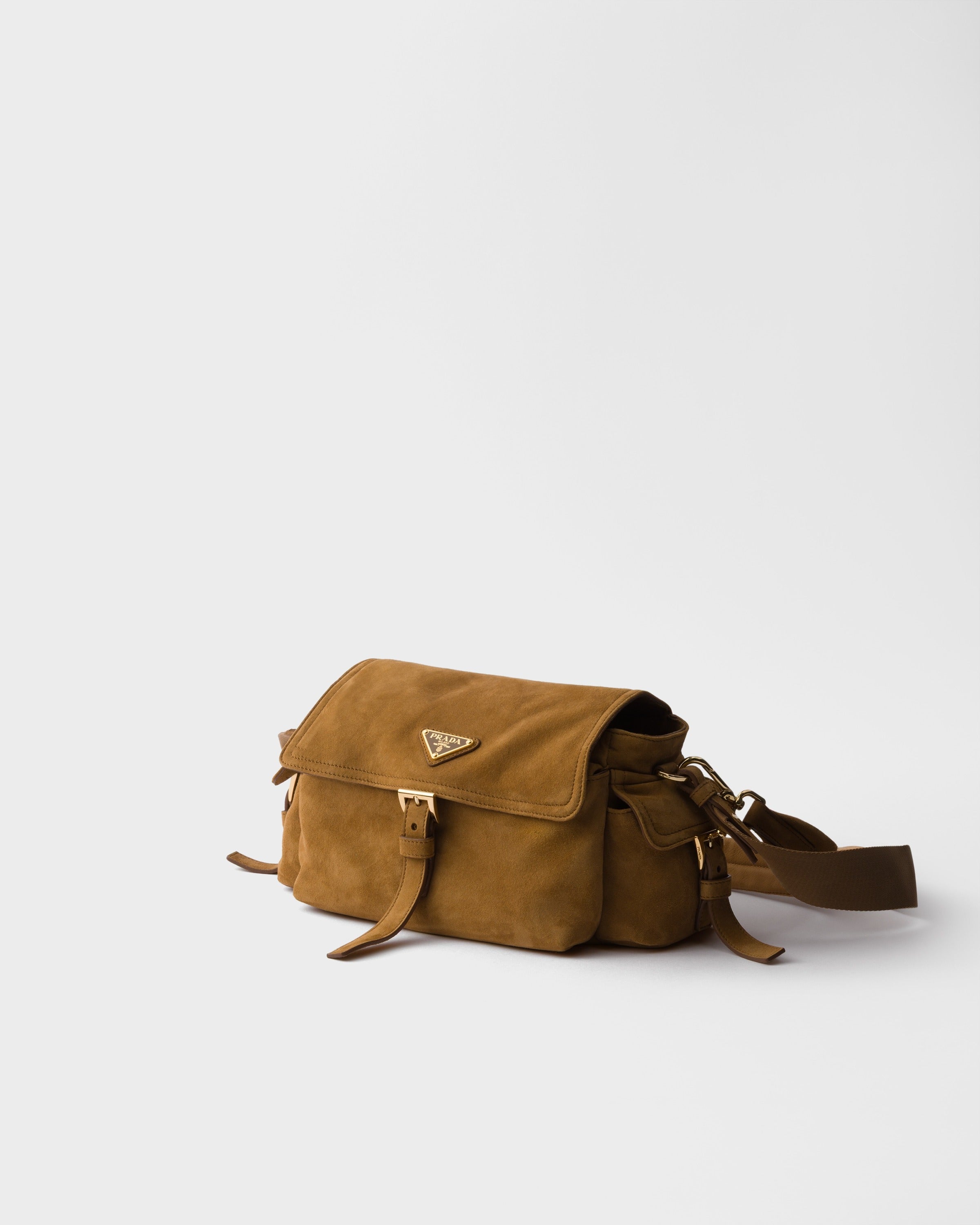 Prada Explore medium suede shoulder bag with flap Cinnamon