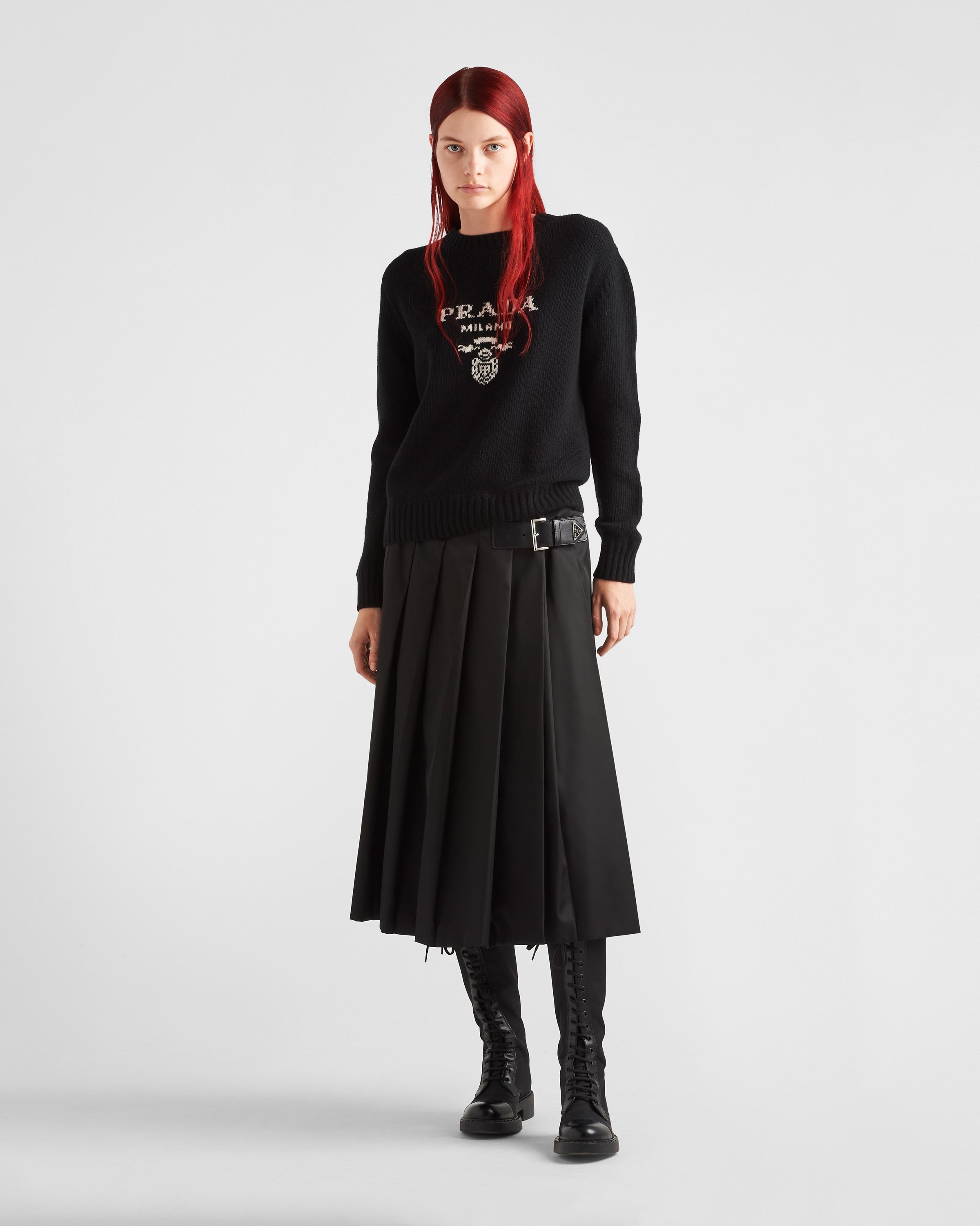 Cashmere and wool Prada logo crew-neck sweater Black