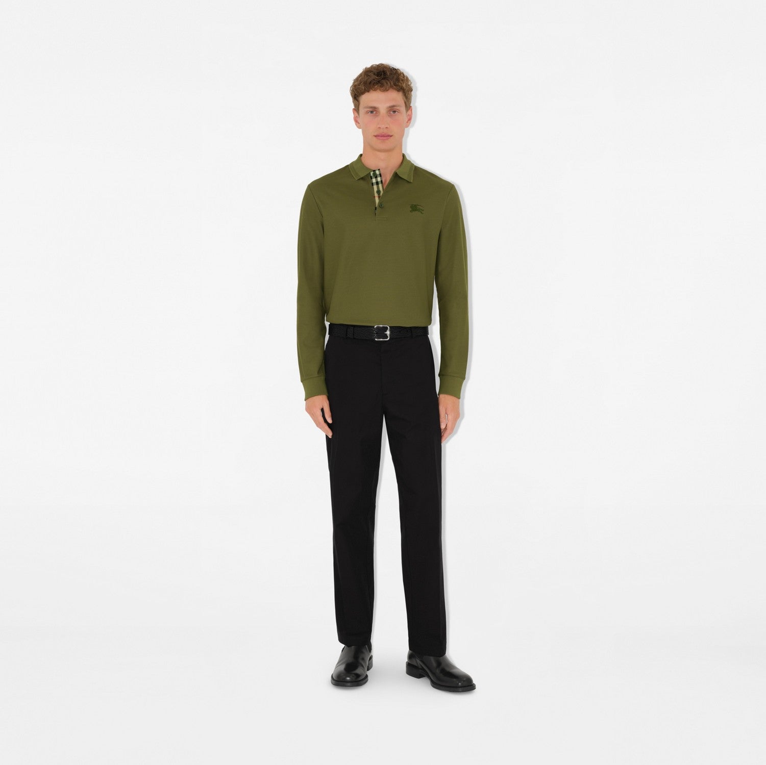 Long-sleeve Cotton Polo Shirt - Olive