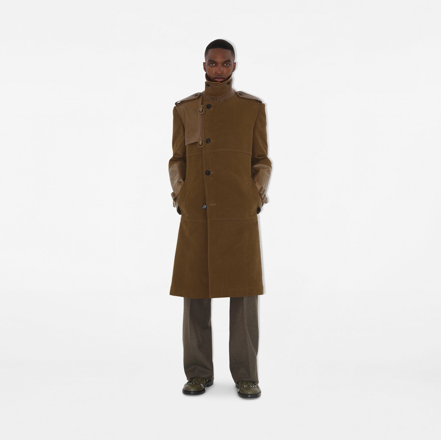 Long Cotton and Leather Trench Coat - Bramble