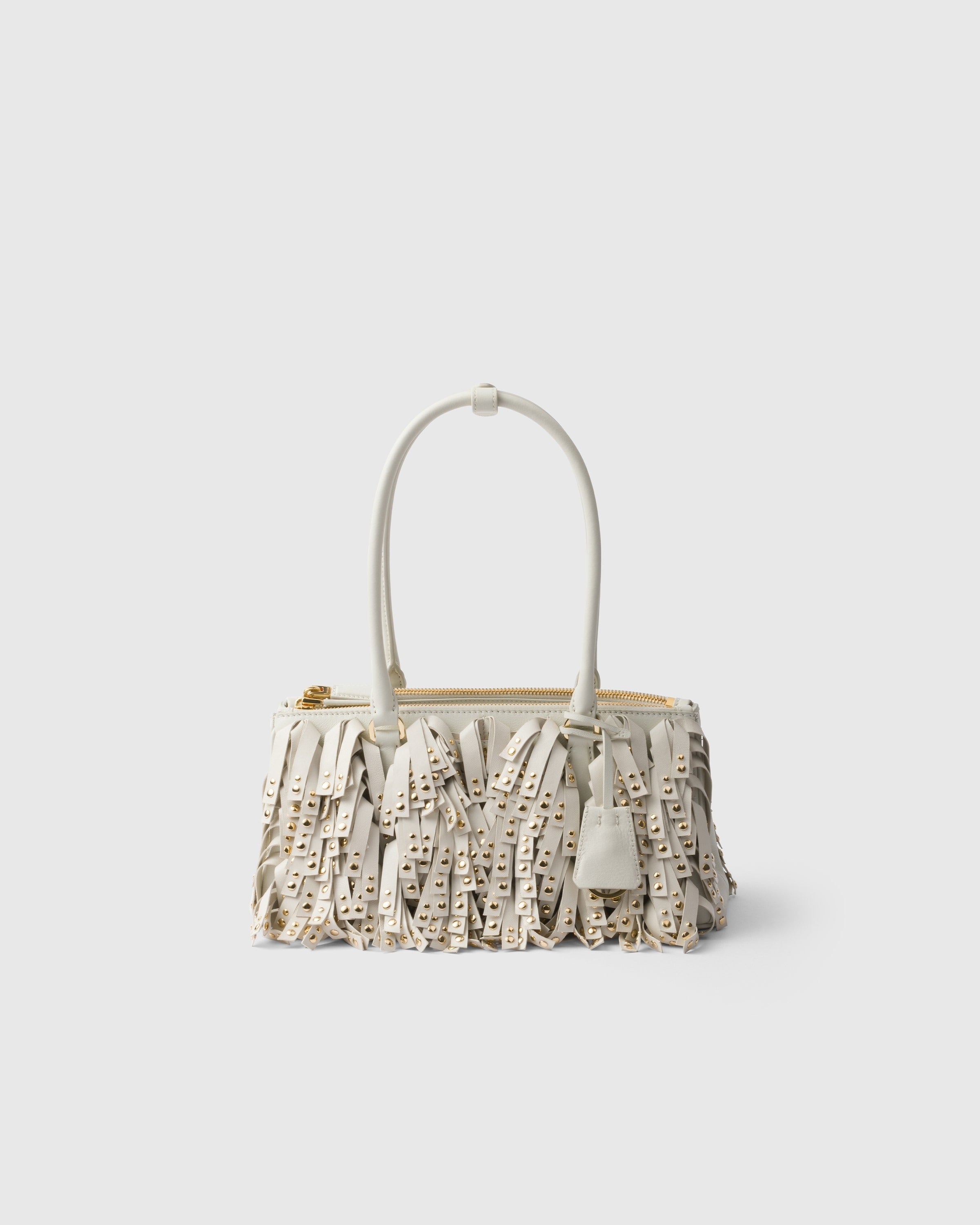 Prada Galleria medium nappa leather bag with fringe and studs White