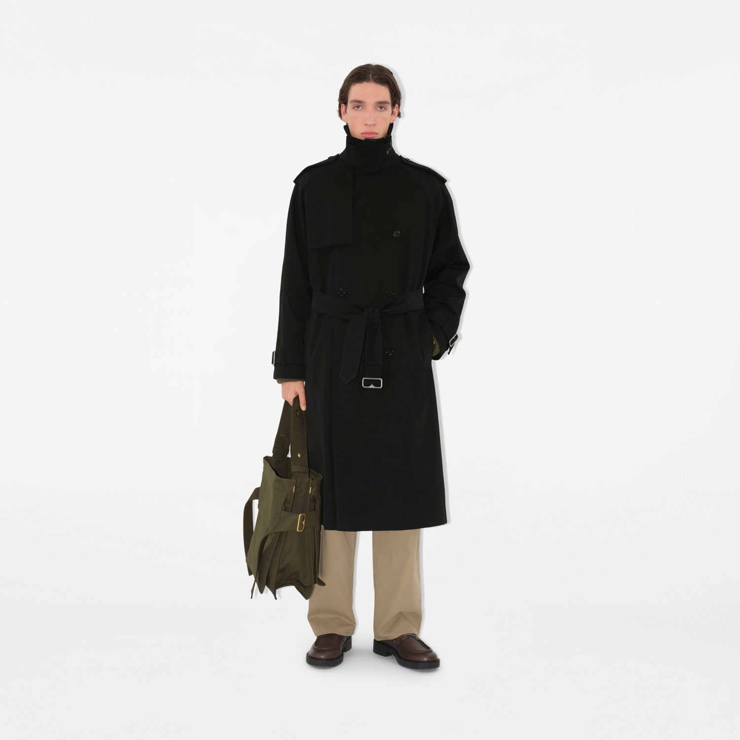 Long Gabardine Trench Coat - Black