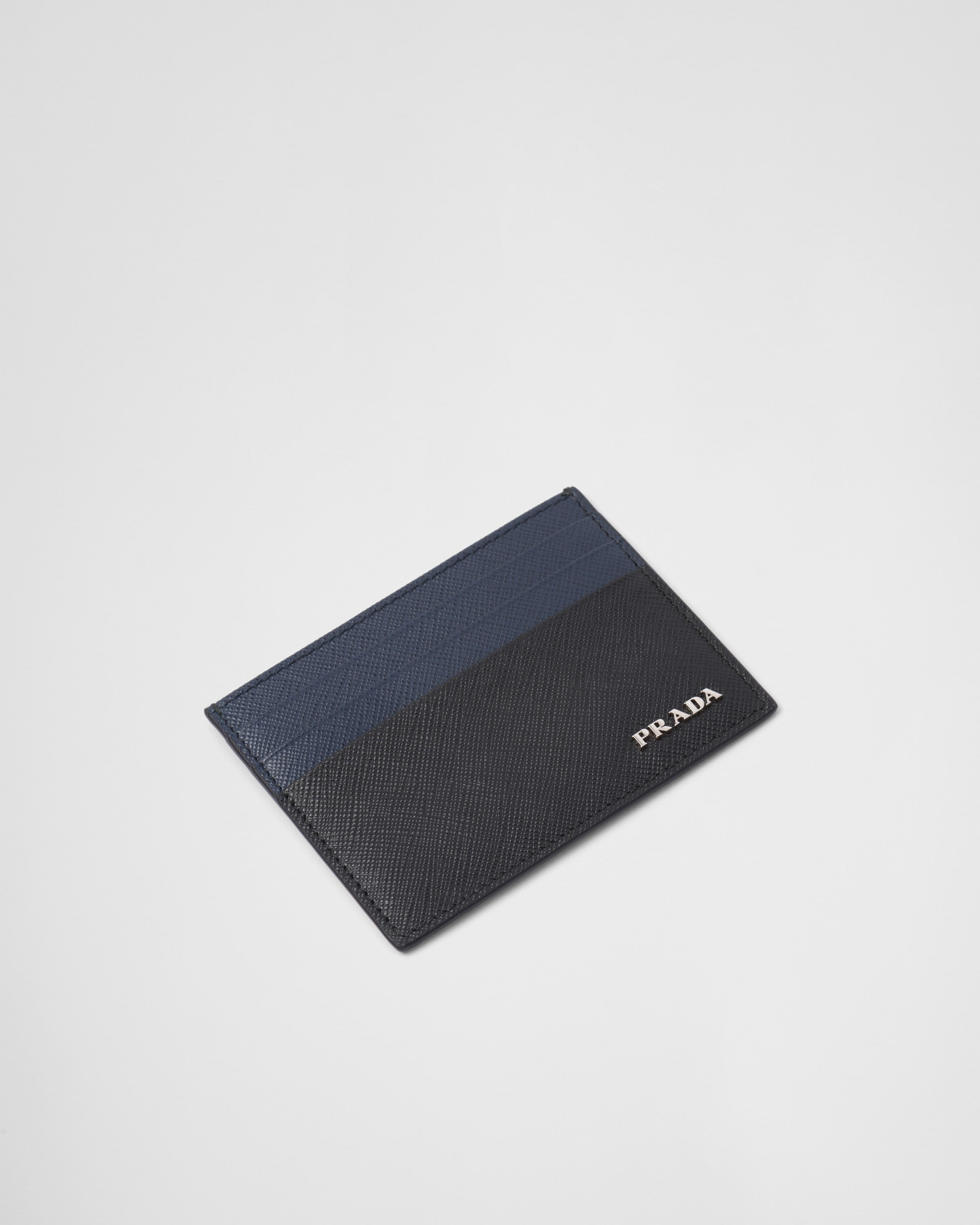 Saffiano leather card holder Black/Baltic Blue