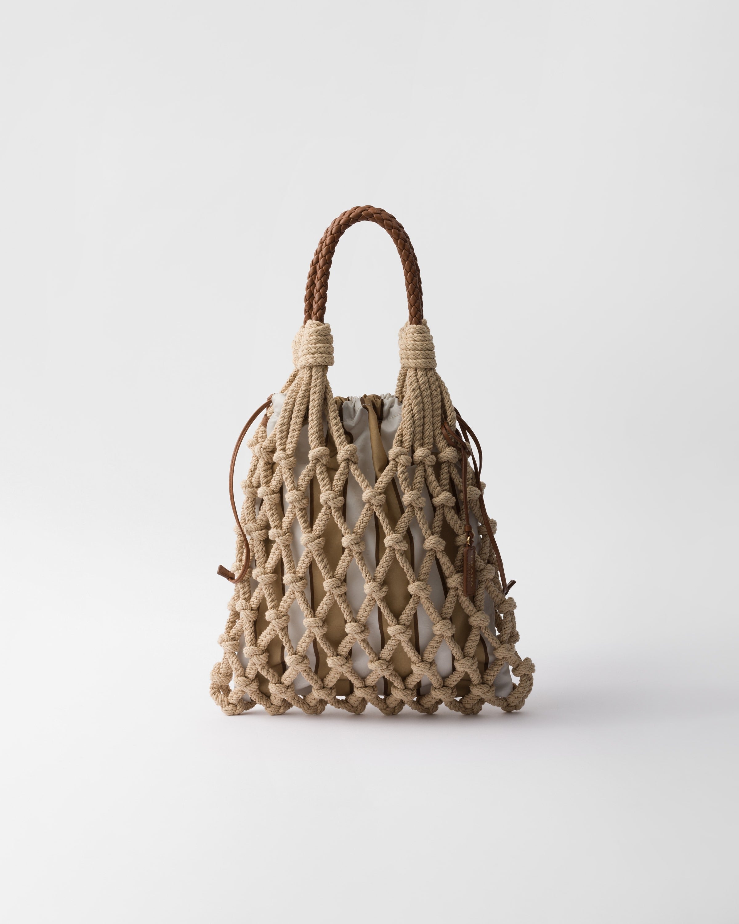 Prada Noué medium cotton macramé bag Cord/Camel Beige