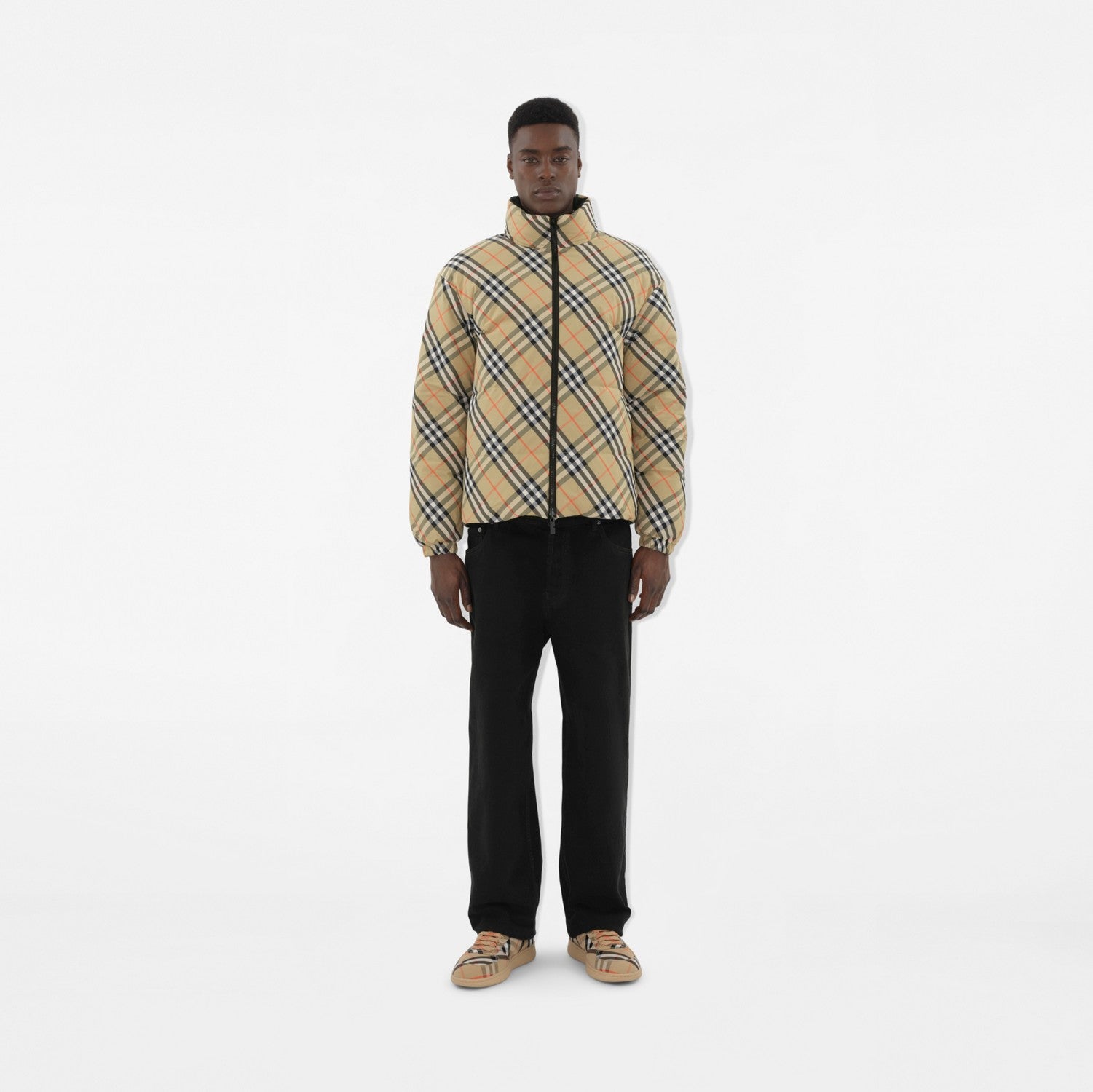 Reversible Check Nylon Puffer Jacket - Sand