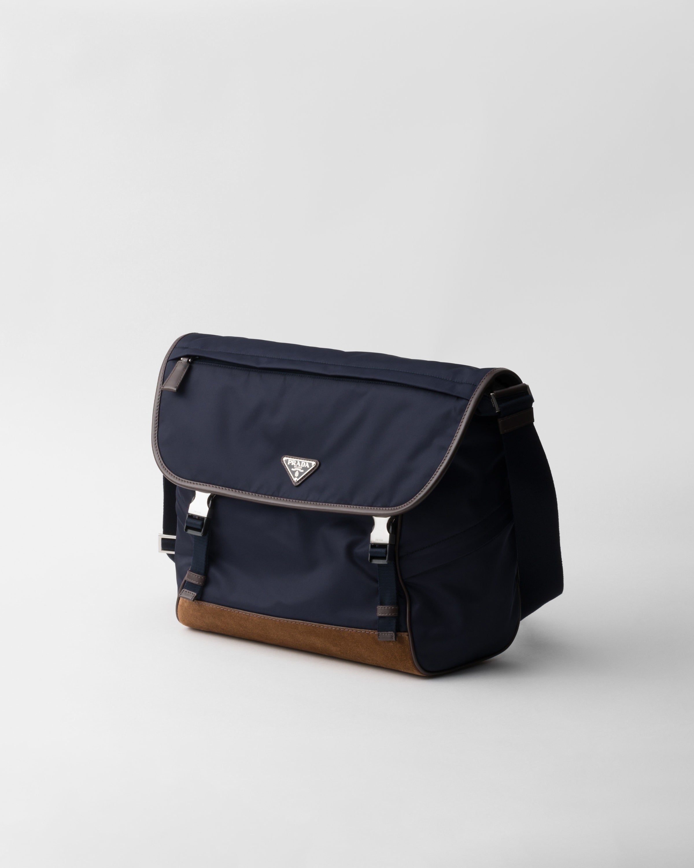 Large Re-Nylon and leather shoulder bag Blue/Coffee