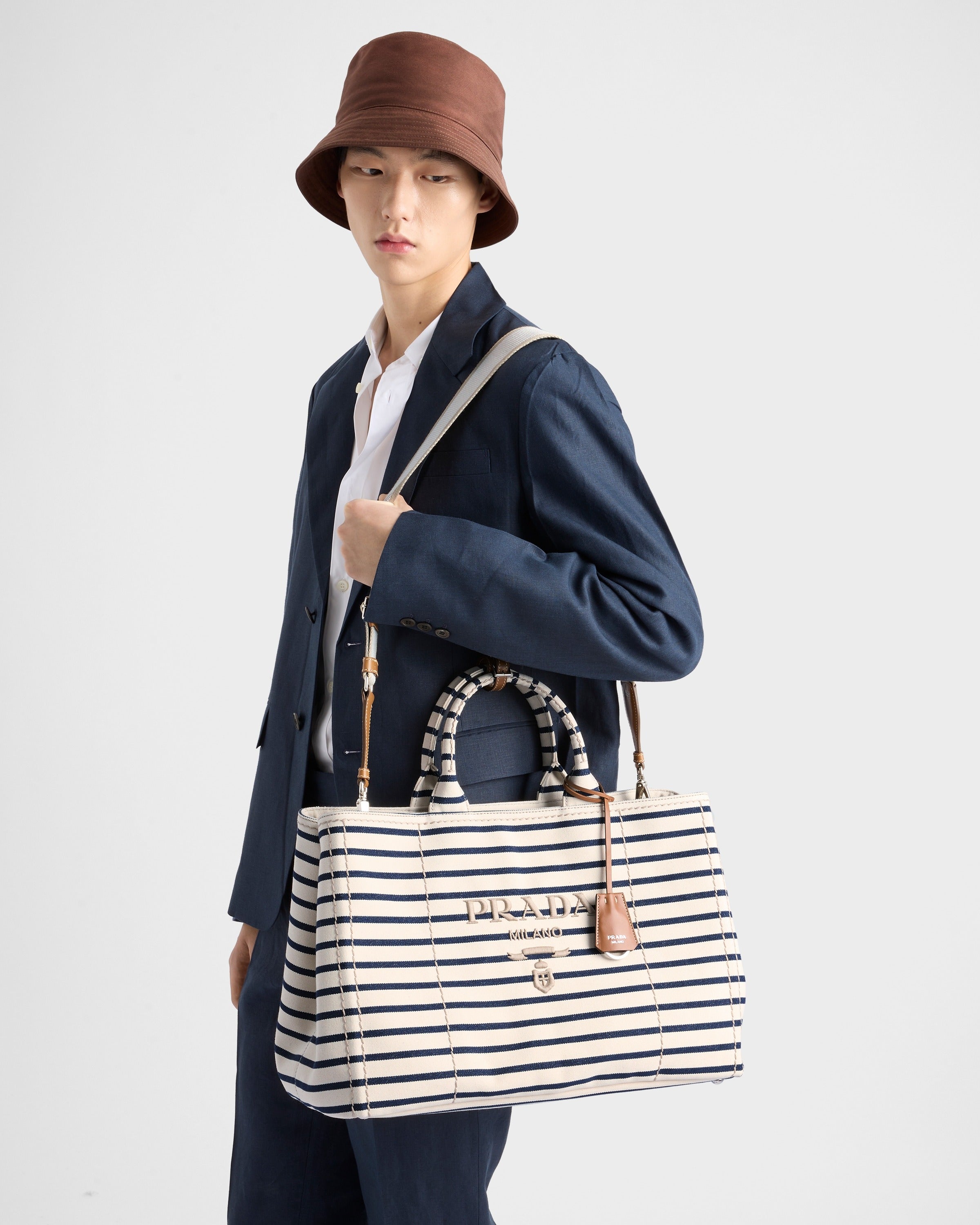 Striped canvas tote bag Ivory/Blue