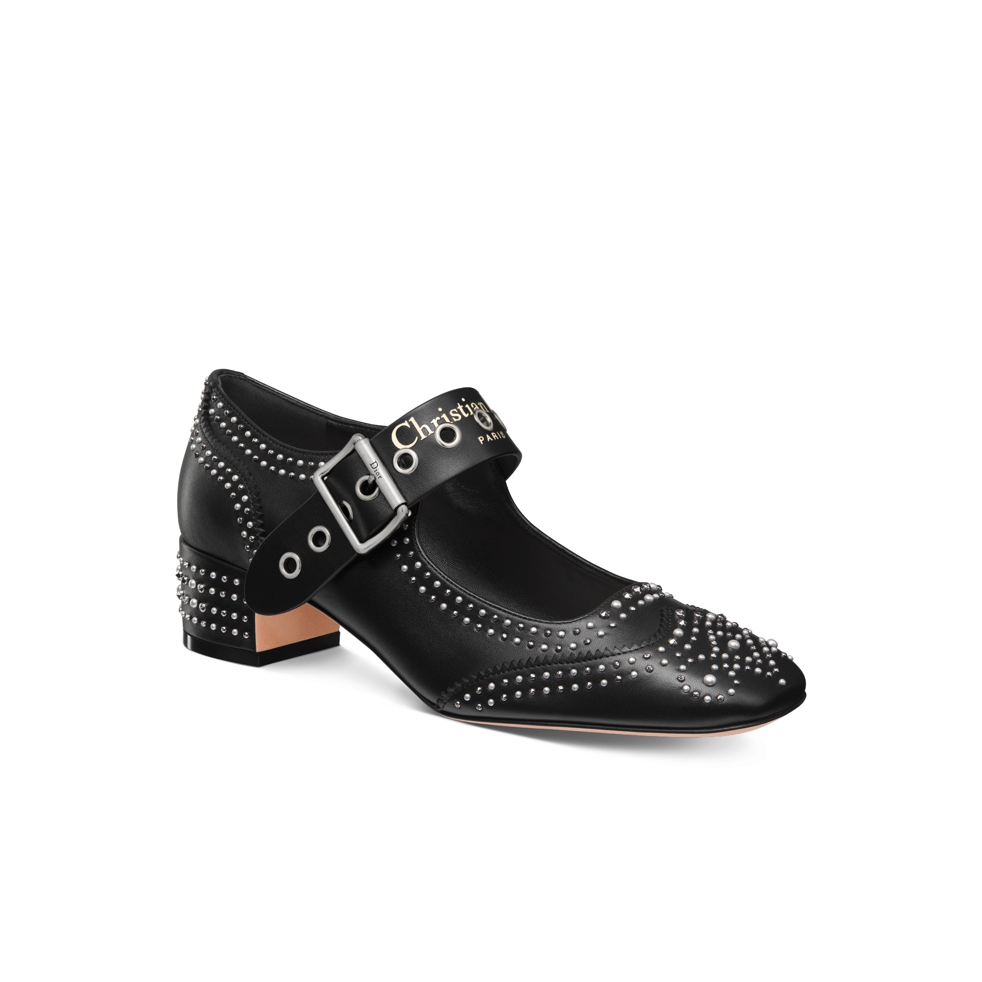 D-Society Pump - Black Calfskin with Silver-Finish Studs and White Resin Pearls