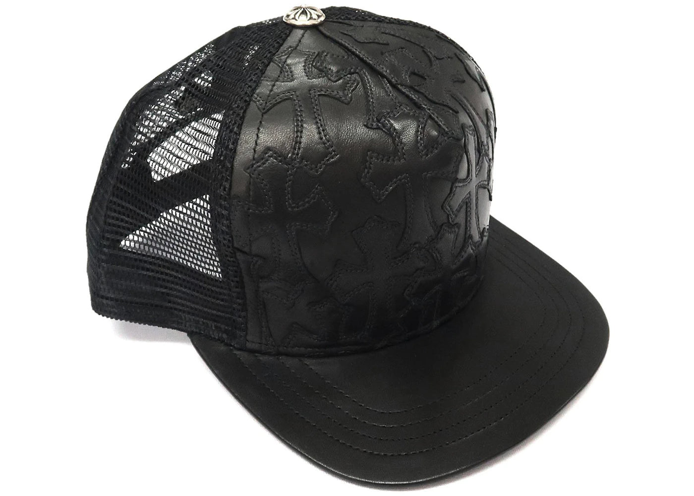 Chrome Hearts Cemetary Cross Leather Stitched Trucker Hat Black