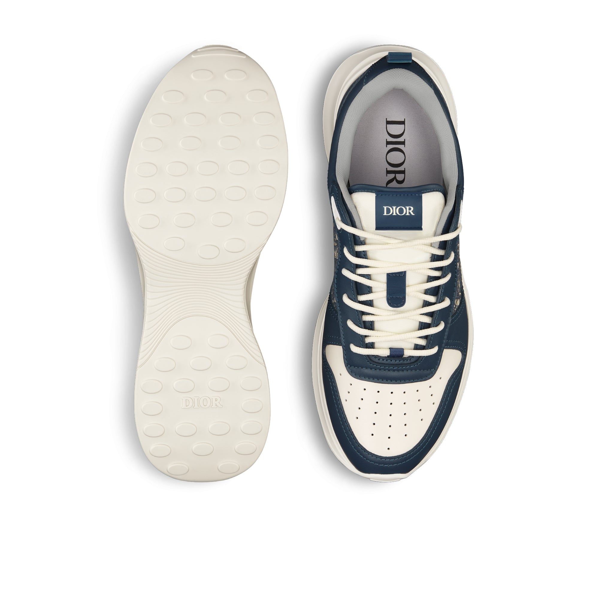 B25 Runner Sneaker - Navy Blue and Cream Smooth Calfskin with Beige and Black Dior Oblique Jacquard