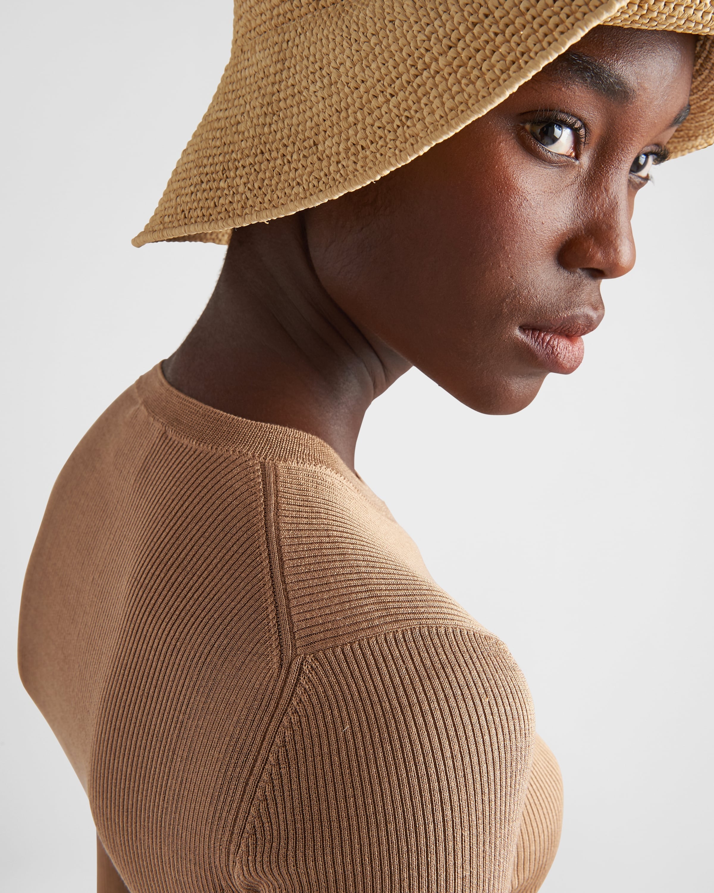 Cropped silk sweater with logo Camel Brown