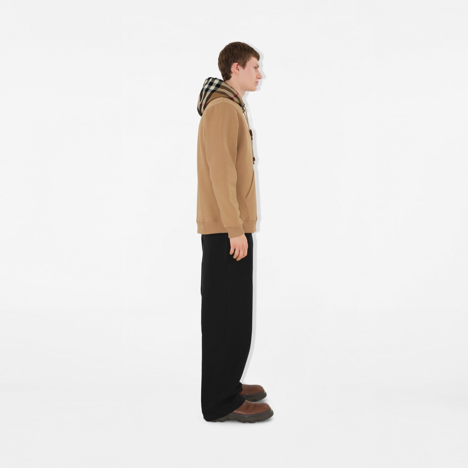 Check Trim Cotton Blend Hoodie - Camel