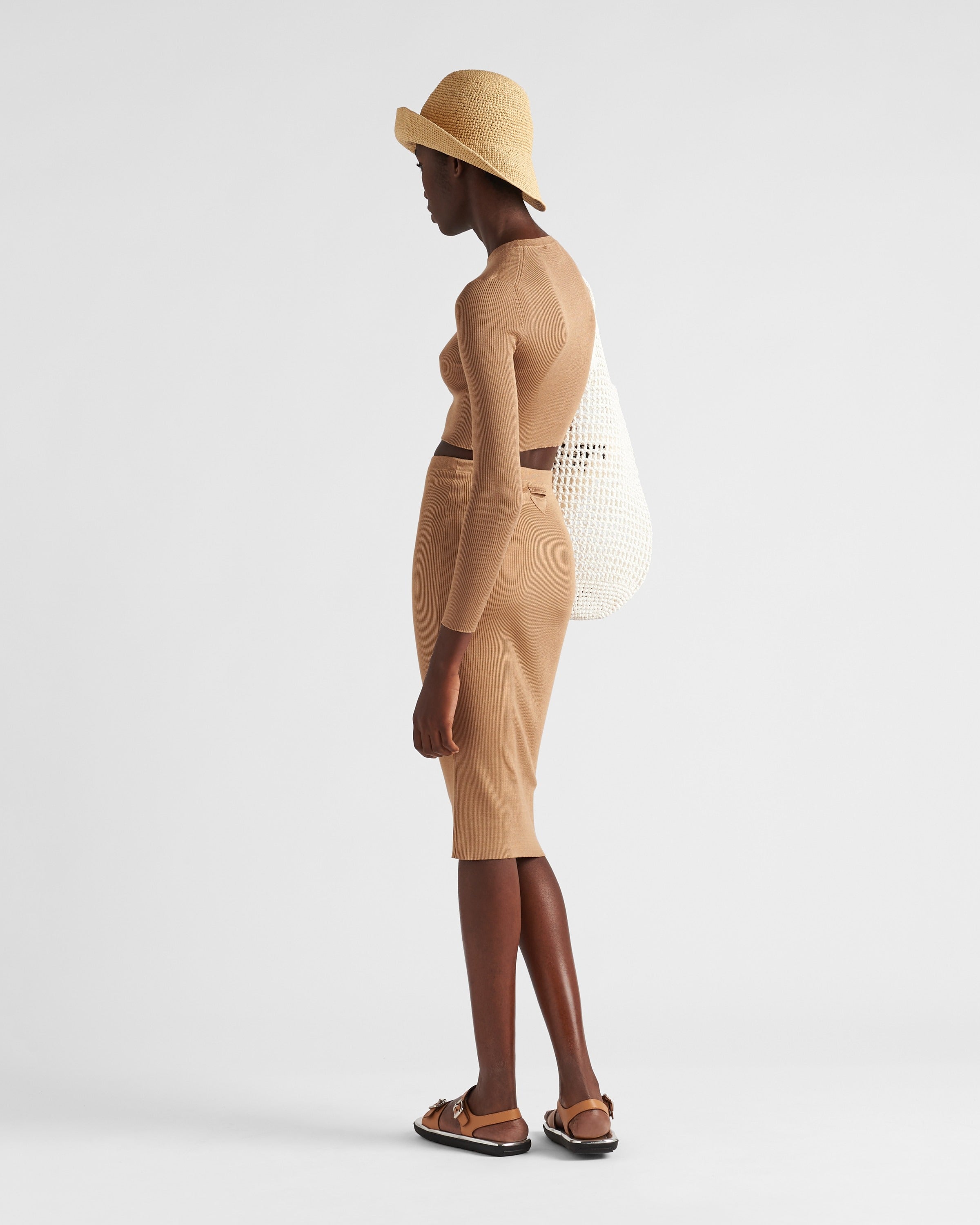 Cropped silk sweater with logo Camel Brown