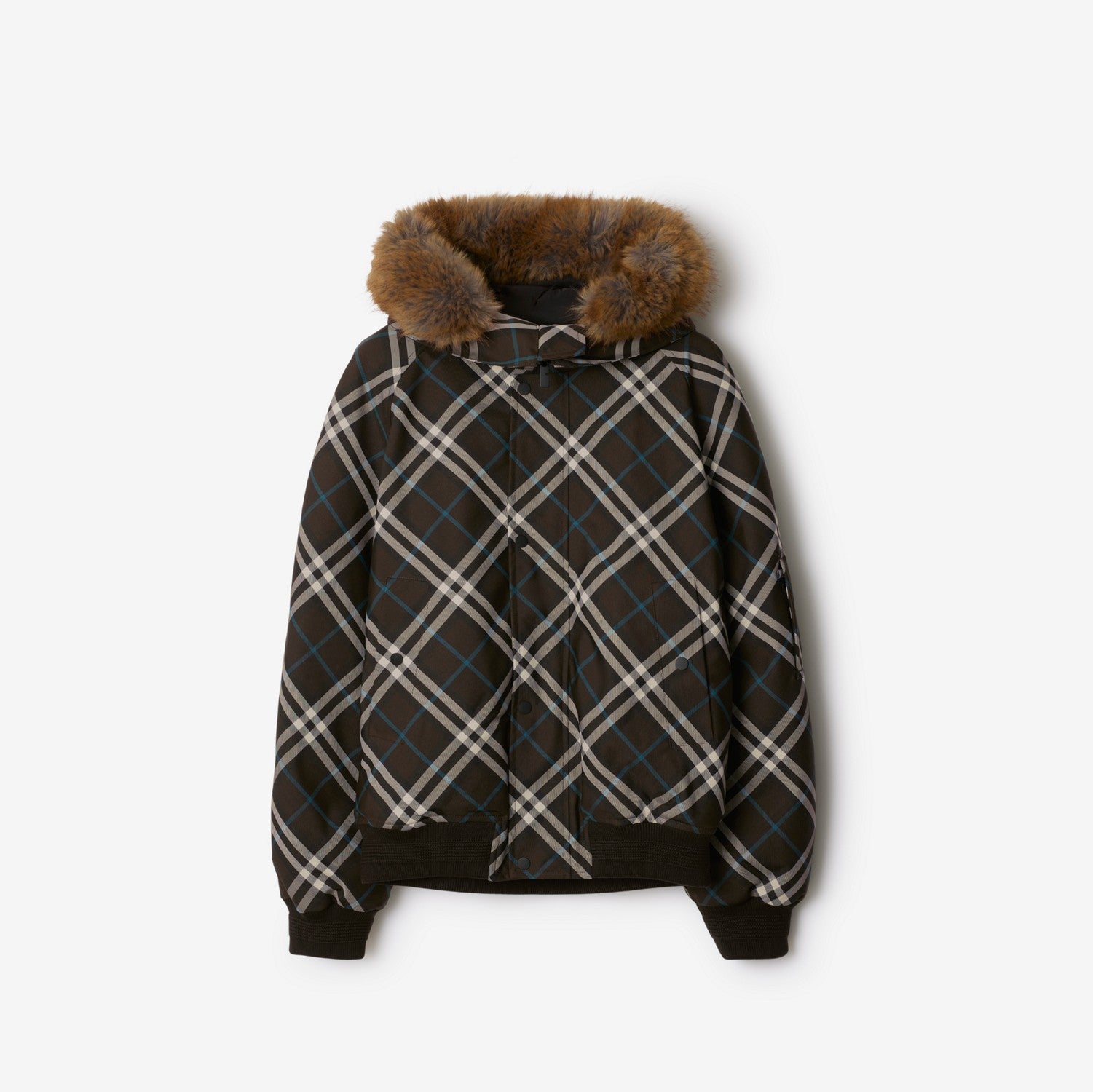 Faux Fur Trim Check Bomber Jacket - Snug