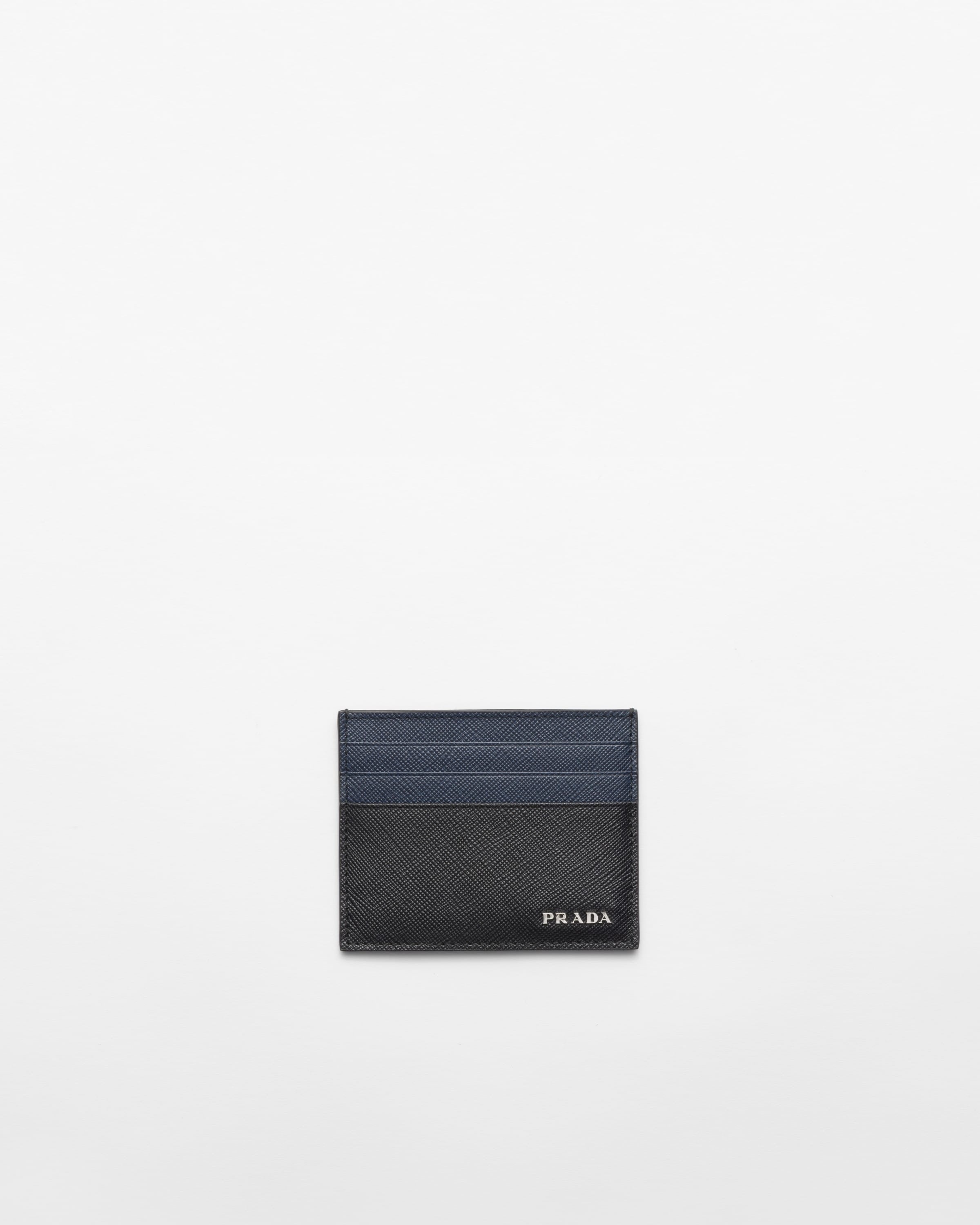 Saffiano leather card holder Black/Baltic Blue