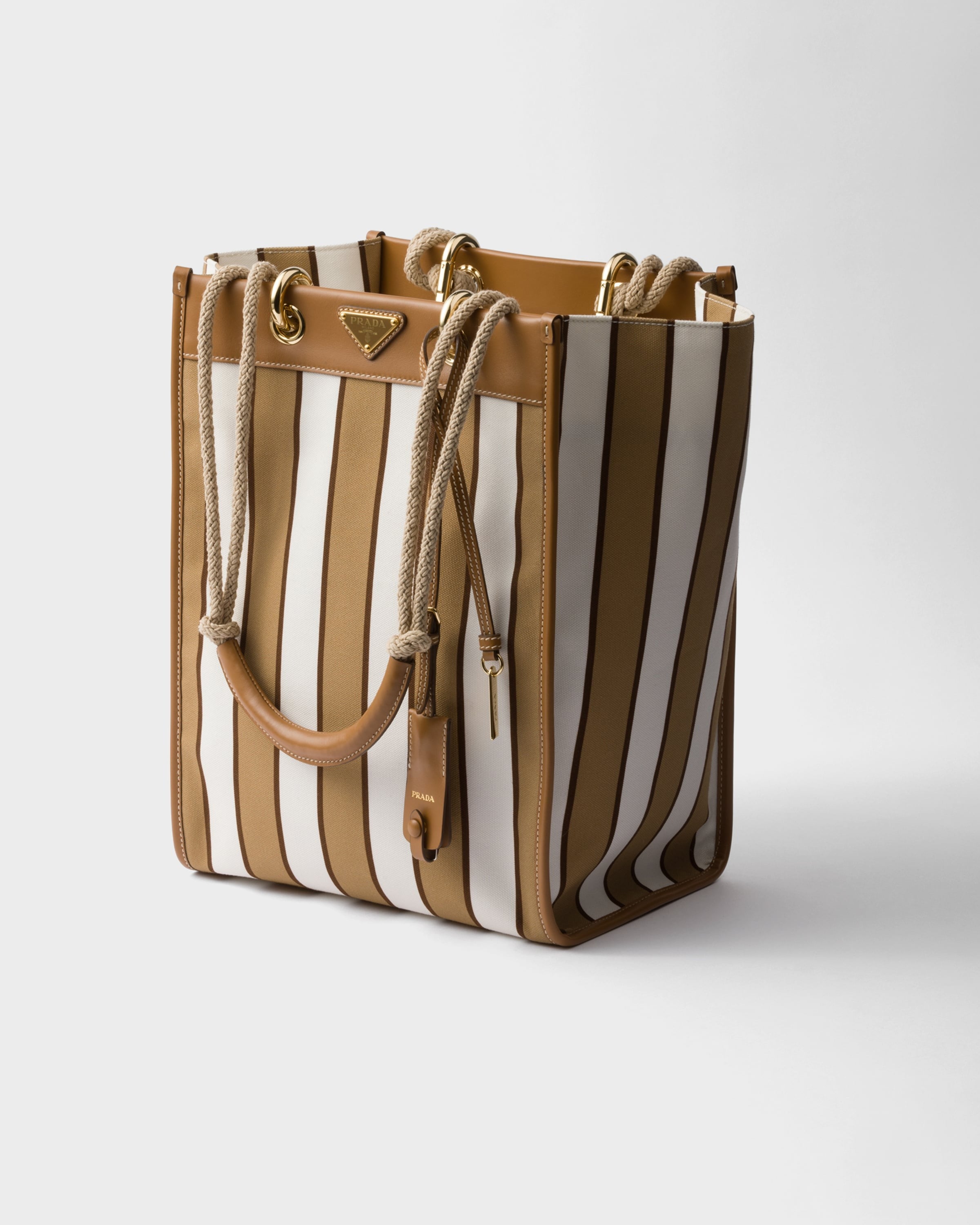 Large printed canvas and leather tote bag Camel/Caramel