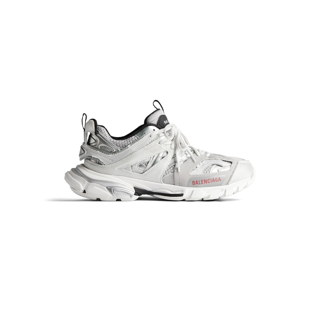 Track Sneaker in silver, white and black metallic mesh and nylon