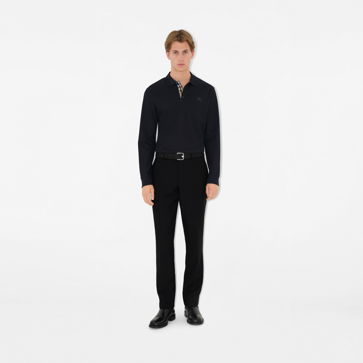 Long-sleeve Cotton Polo Shirt - Coal blue