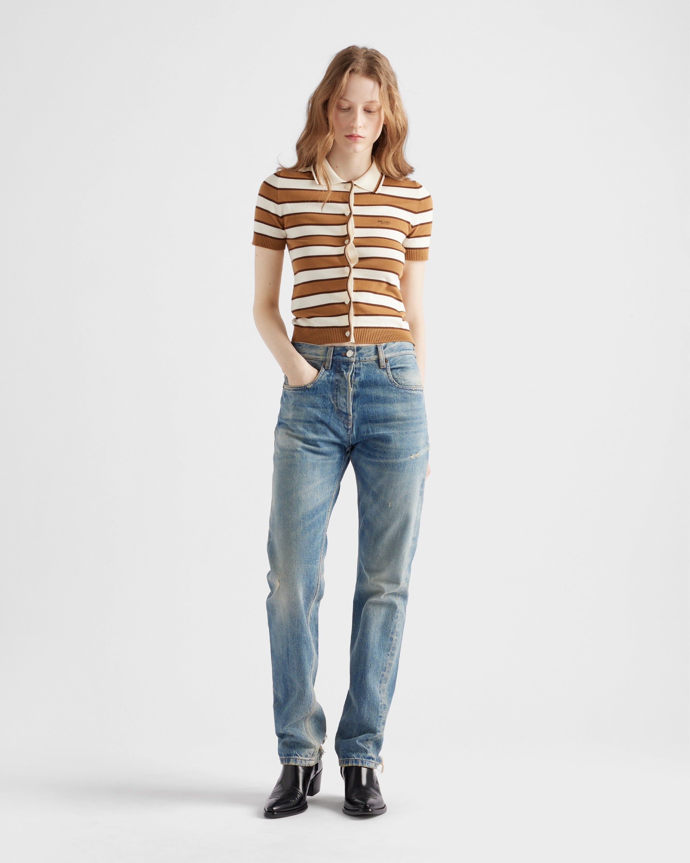 Short-sleeved striped cotton cardigan Camel/Natural